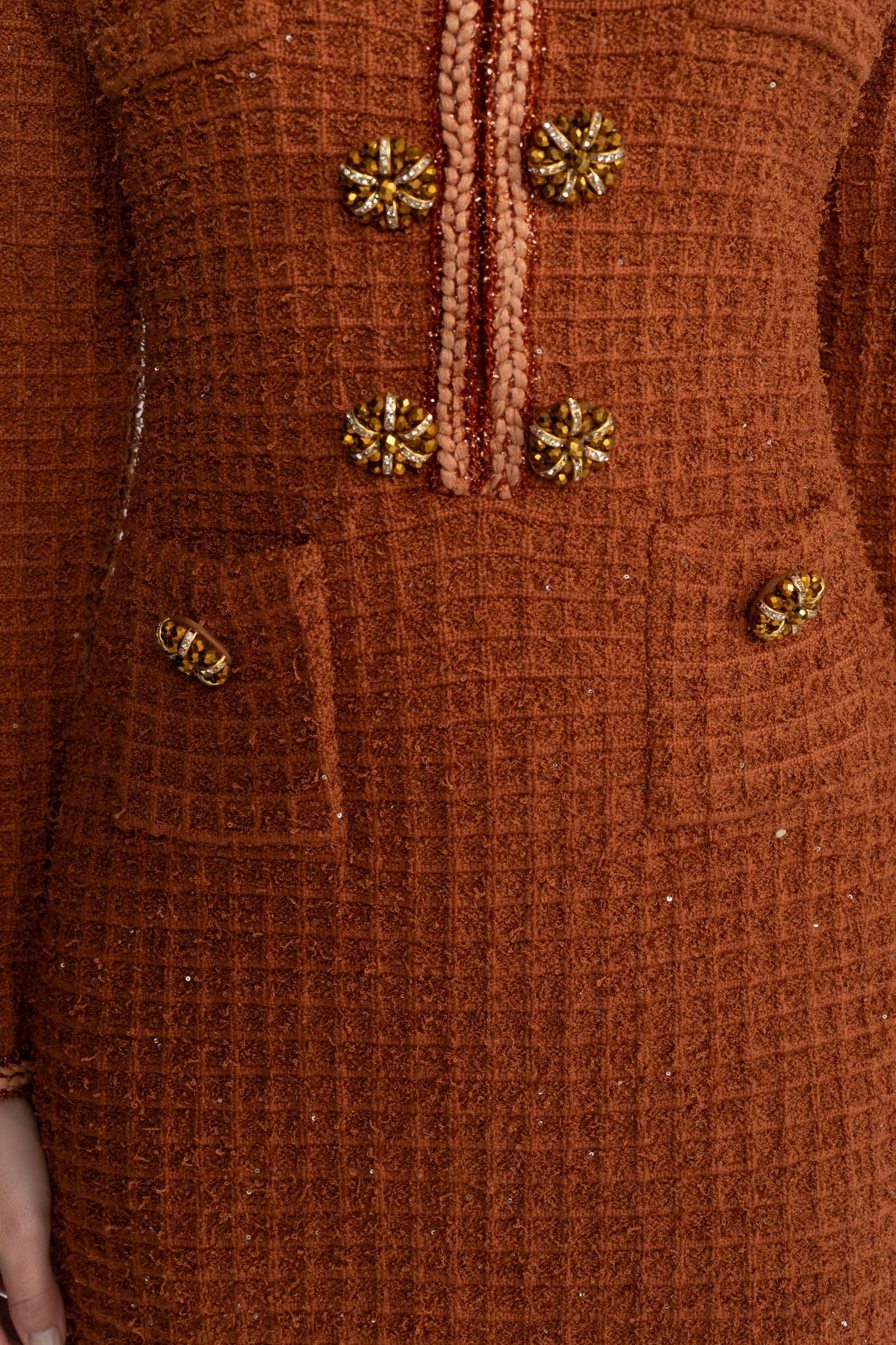 Augustine Rust Textured Tweed Midi Dress with Crystal Button Detail