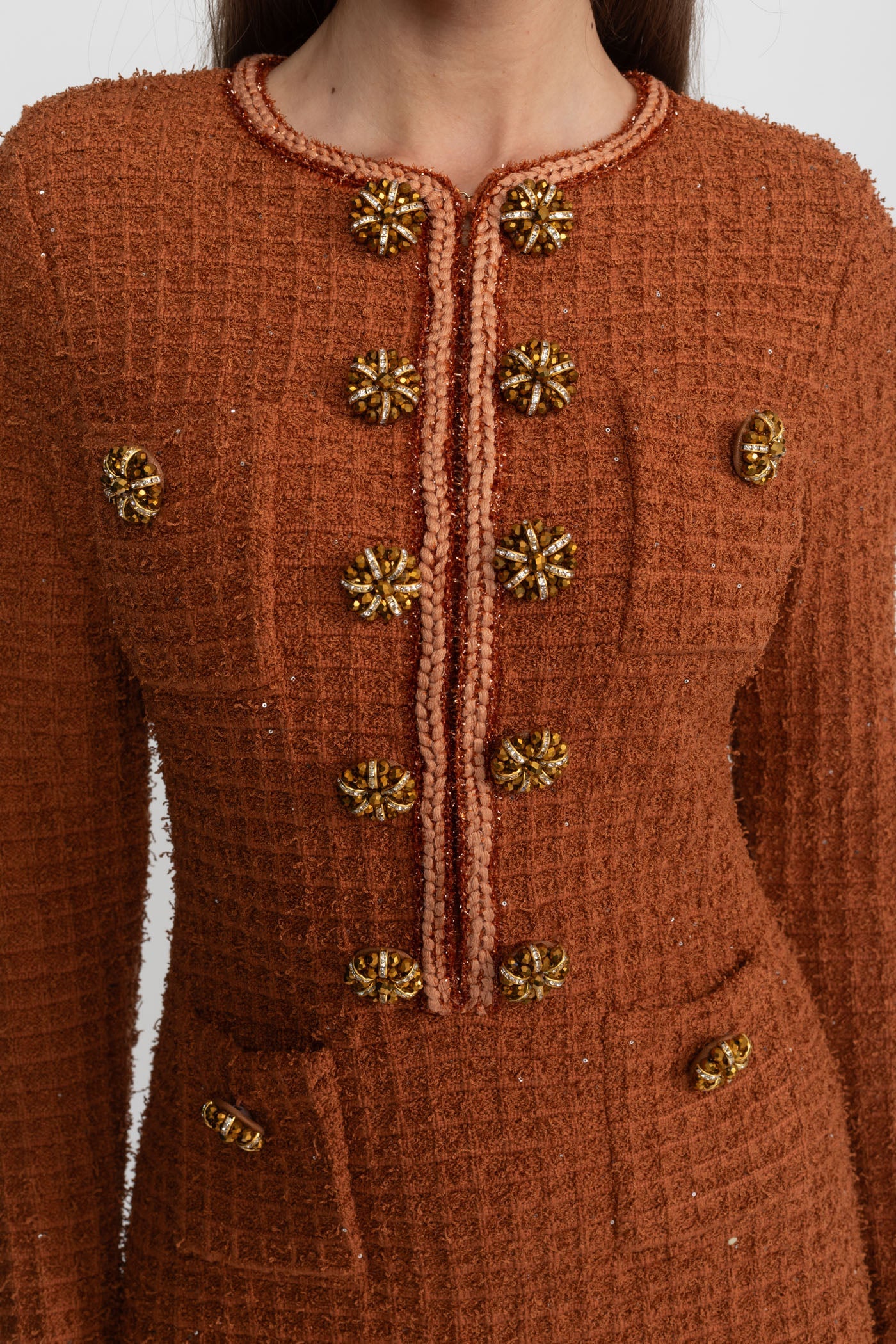 Augustine Rust Textured Tweed Midi Dress with Crystal Button Detail