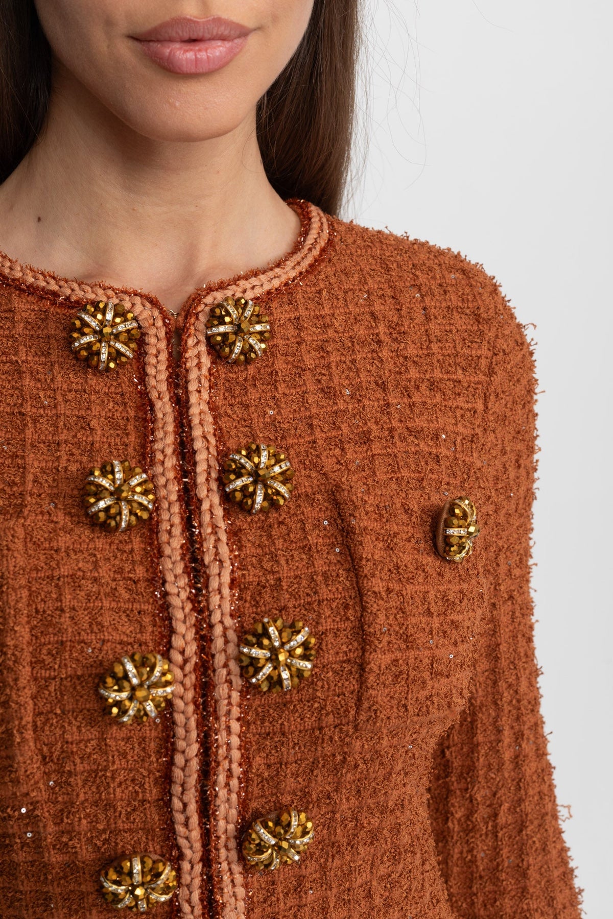 Augustine Rust Textured Tweed Midi Dress with Crystal Button Detail
