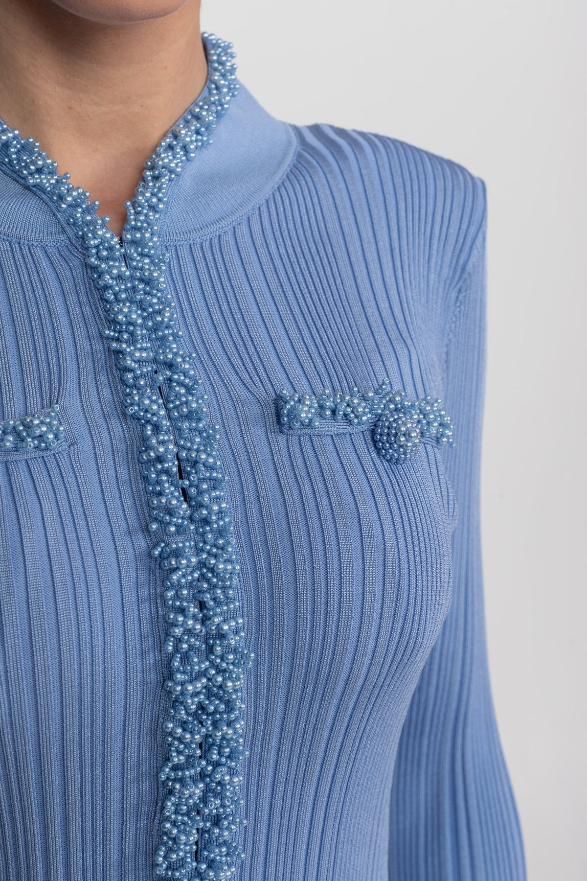 Pascaline Blue Ribbed Knit Mini Dress With Beaded Trim Detailing
