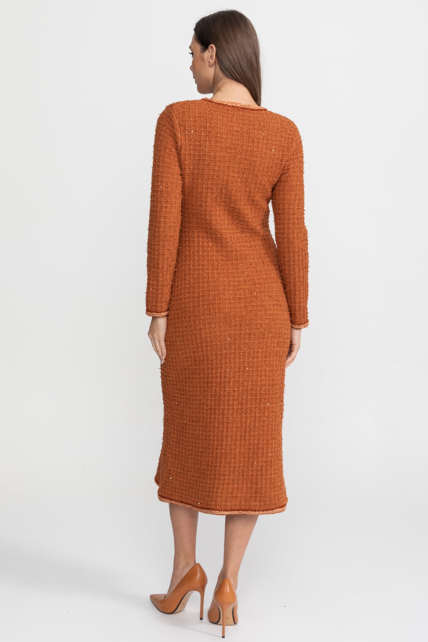 Augustine Rust Textured Tweed Midi Dress with Crystal Button Detail