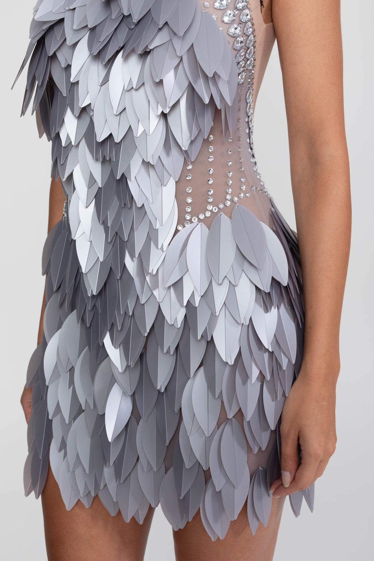 Sleeveless Sheer Mesh Feather-Panel Mini Dress With Crystals - Gray