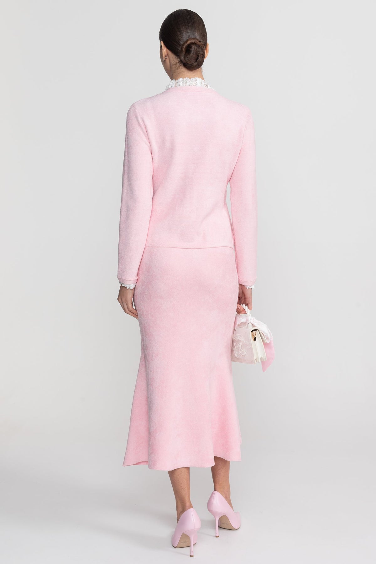 Fleur Blush Pink Long Sleeve Co-Ord With Fitted Knit Bodice And Crystal Button Detail