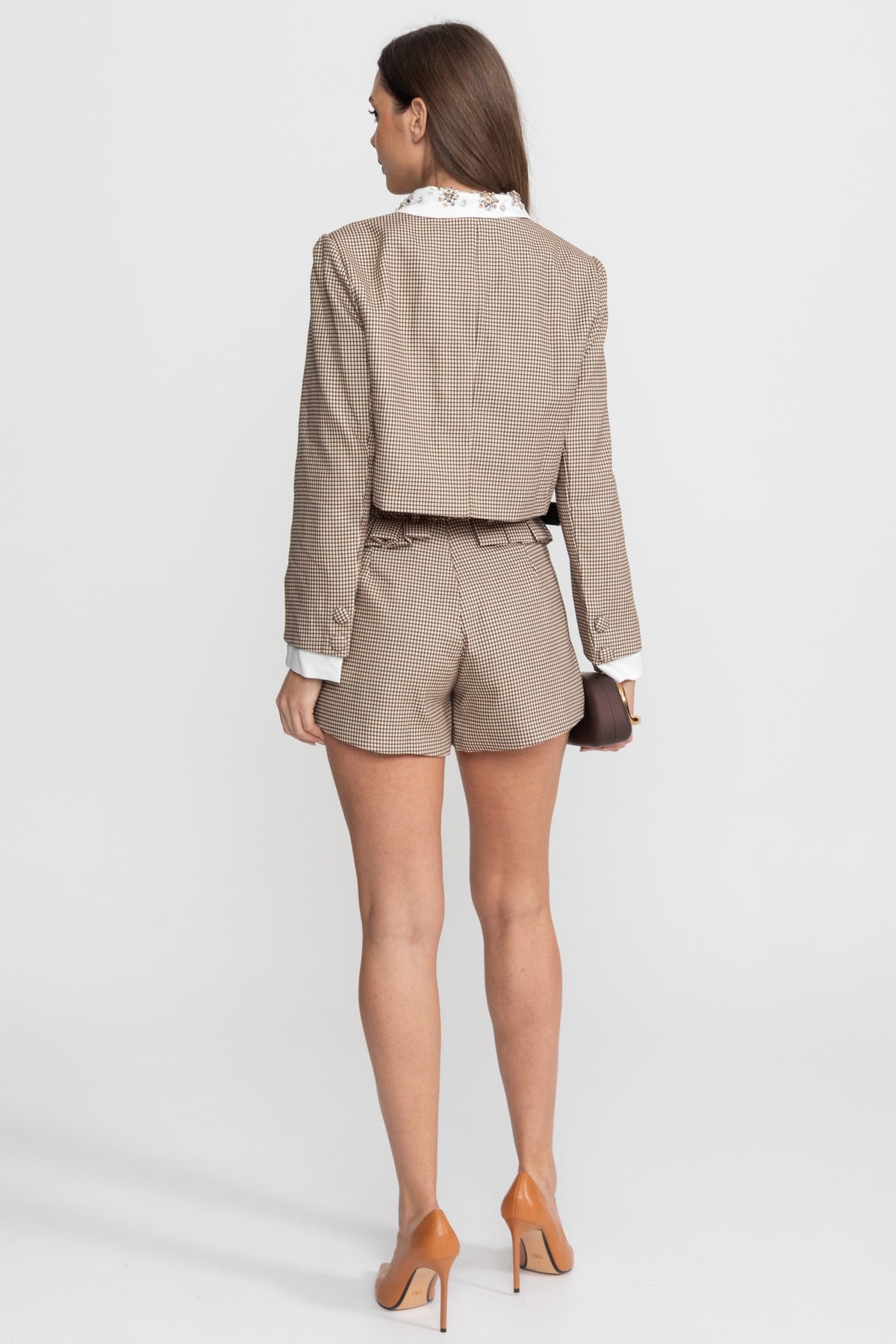 Checked Tailored Co-Ord Set with Statement Bow Detail – Beige