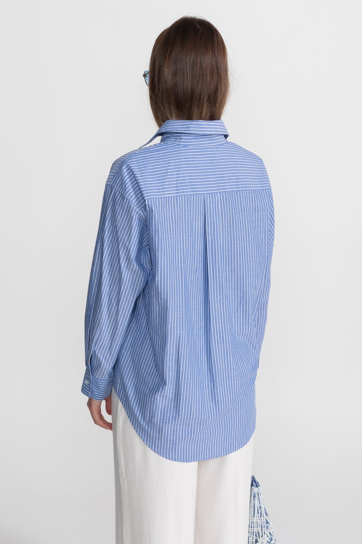 Striped Cotton Shirt With Oversized Bow Detail – Blue