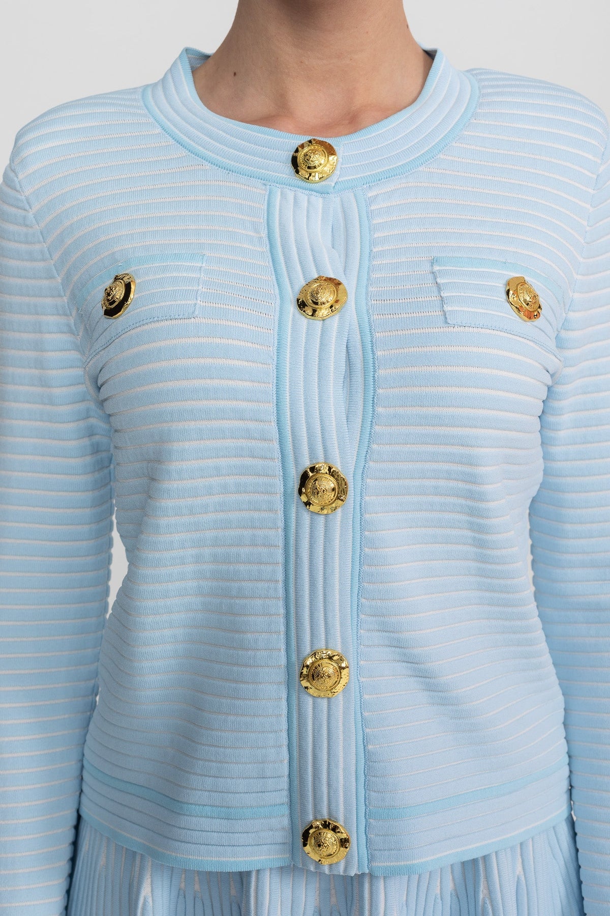 Ribbed Knit Co-Ord Set With Gold Button Embellishment - Blue