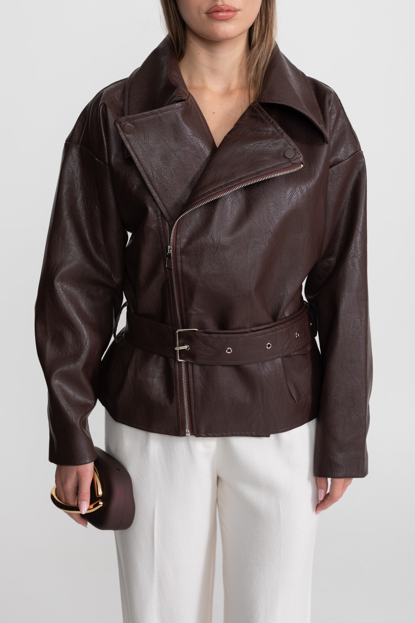 Belted Biker Jacket With Wide Lapels – Chocolate Brown