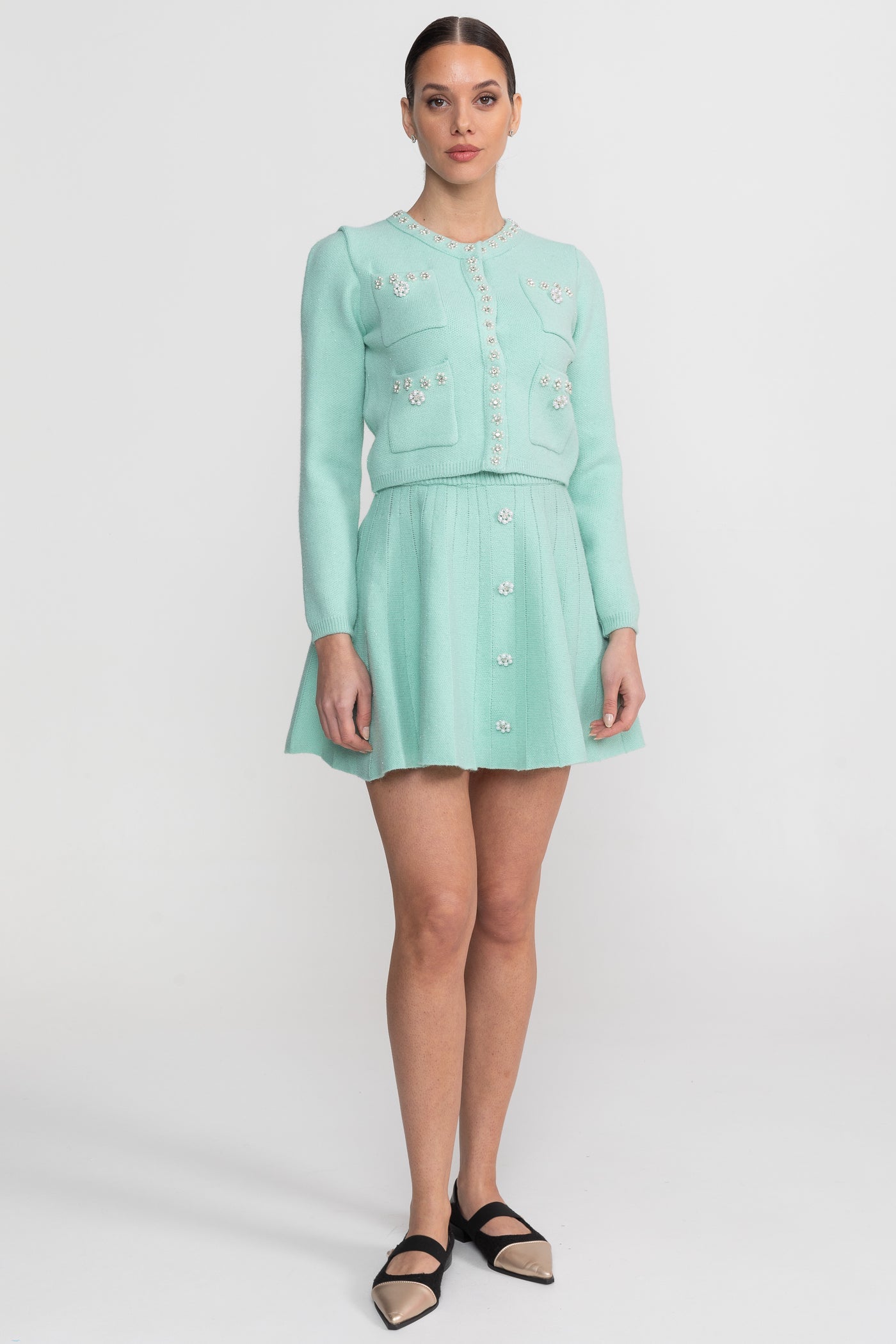 Delphine Teal Knit Co-Ord Set With Long Sleeve Cardigan And Matching Mini Skirt
