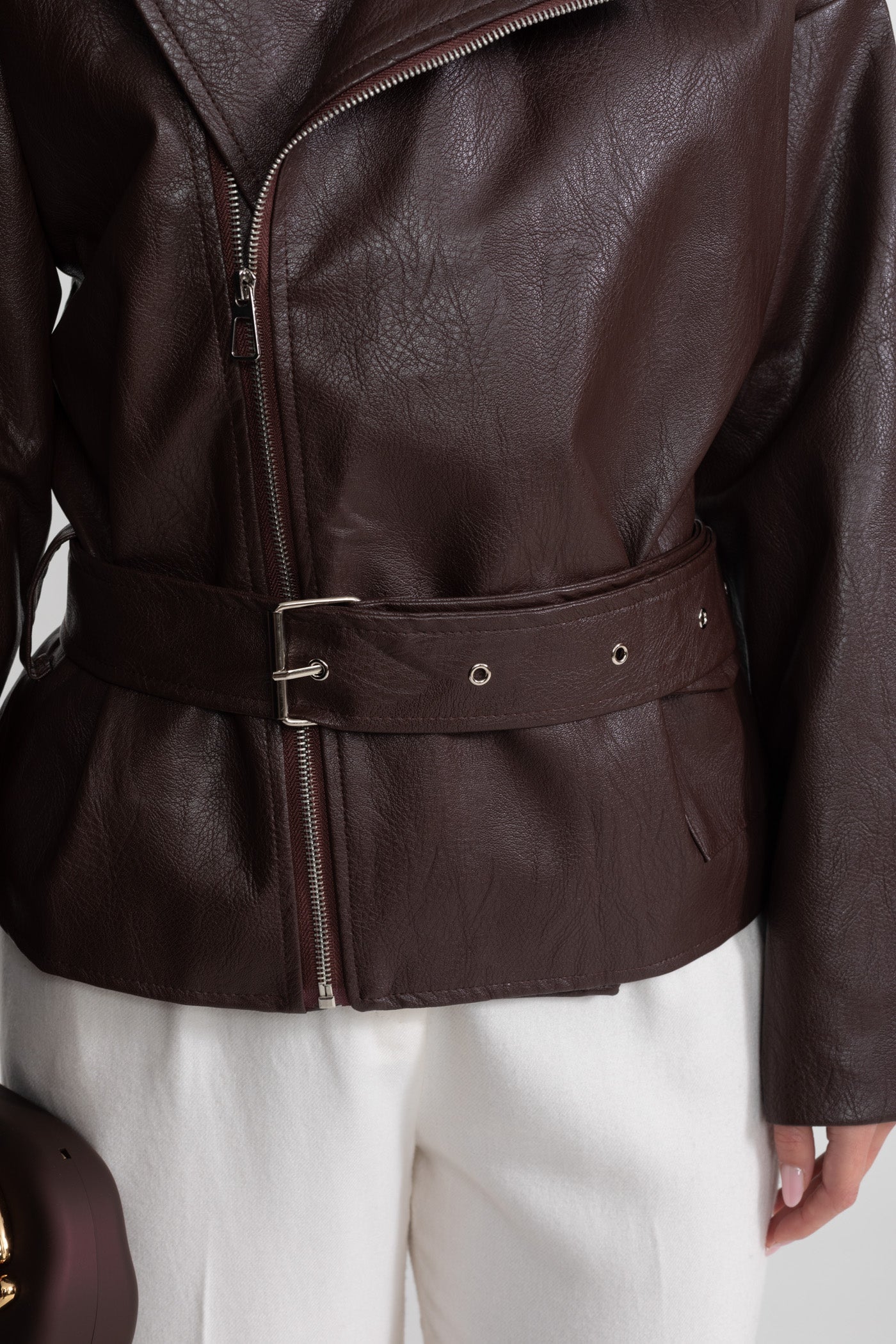 Belted Biker Jacket With Wide Lapels – Chocolate Brown