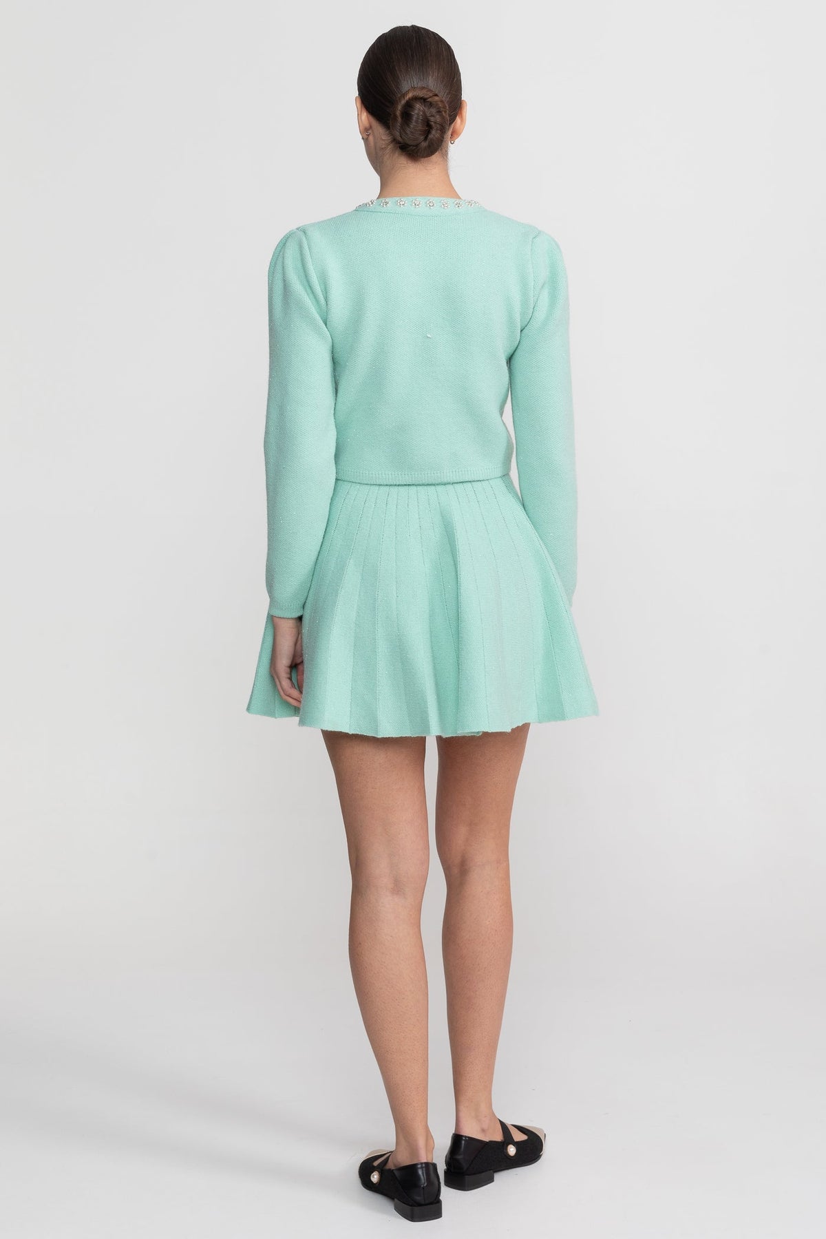 Delphine Teal Knit Co-Ord Set With Long Sleeve Cardigan And Matching Mini Skirt