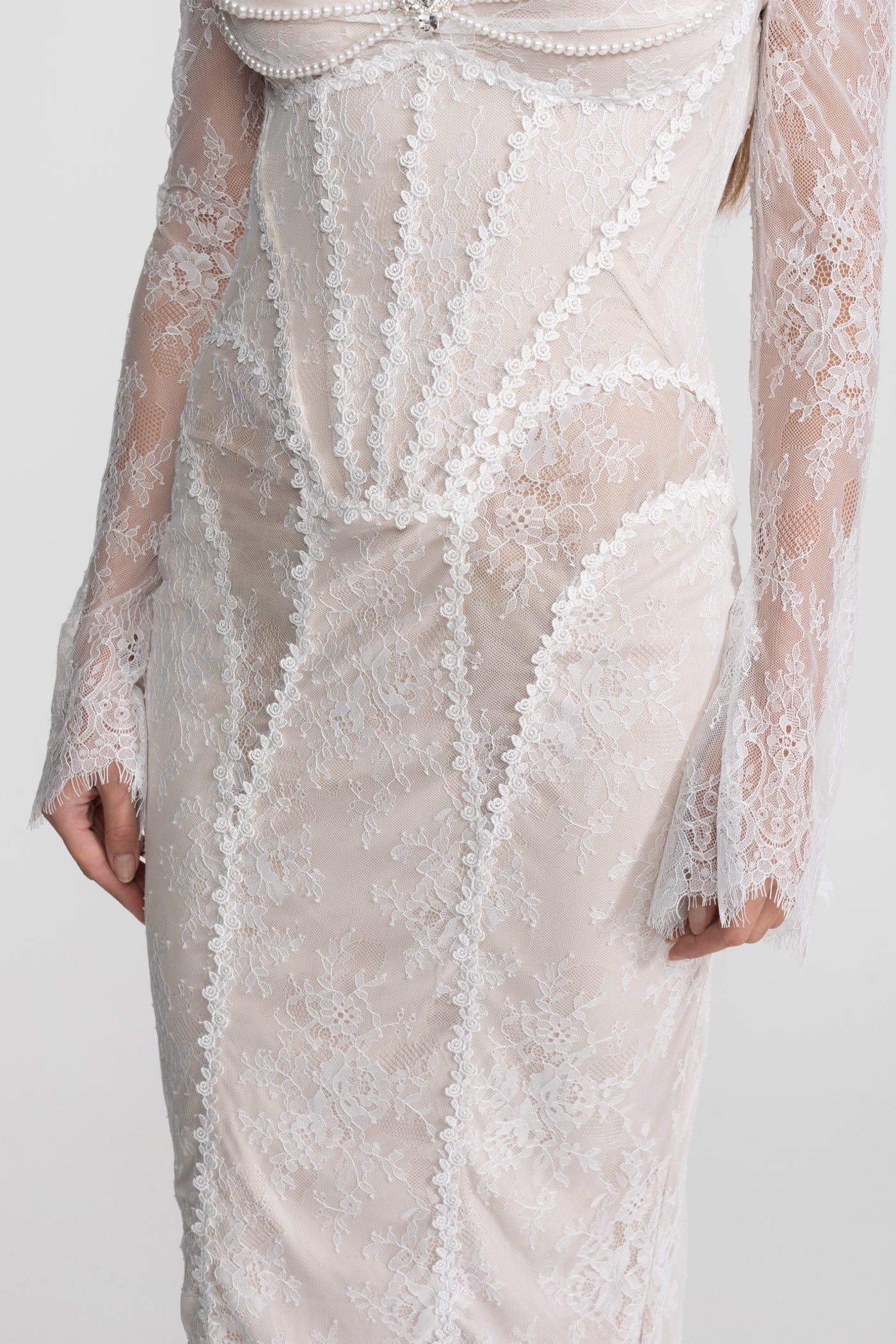Off-Shoulder Lace Midi Dress with Pearl-Trimmed Bustier - Ivoire