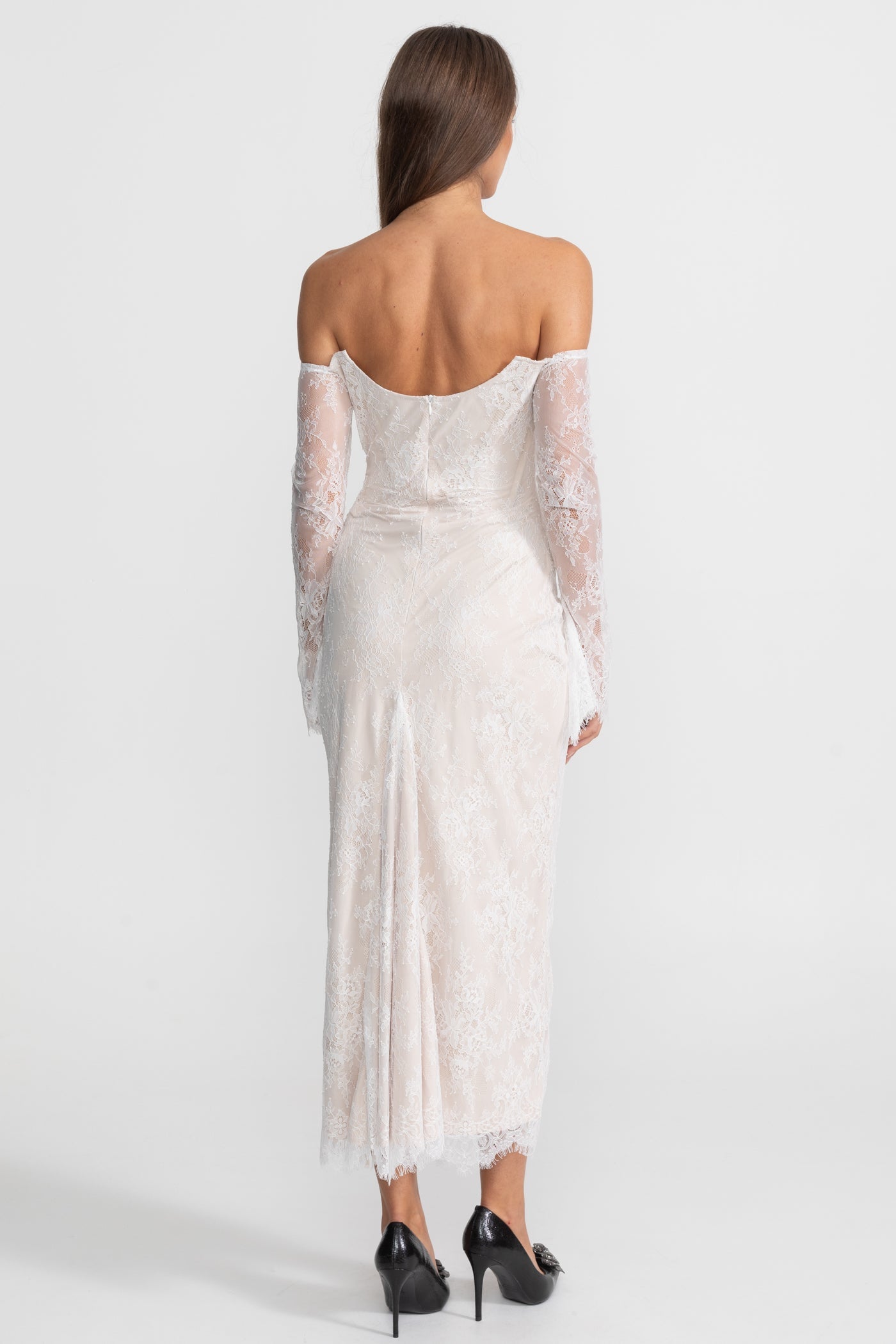 Off-Shoulder Lace Midi Dress with Pearl-Trimmed Bustier - Ivoire