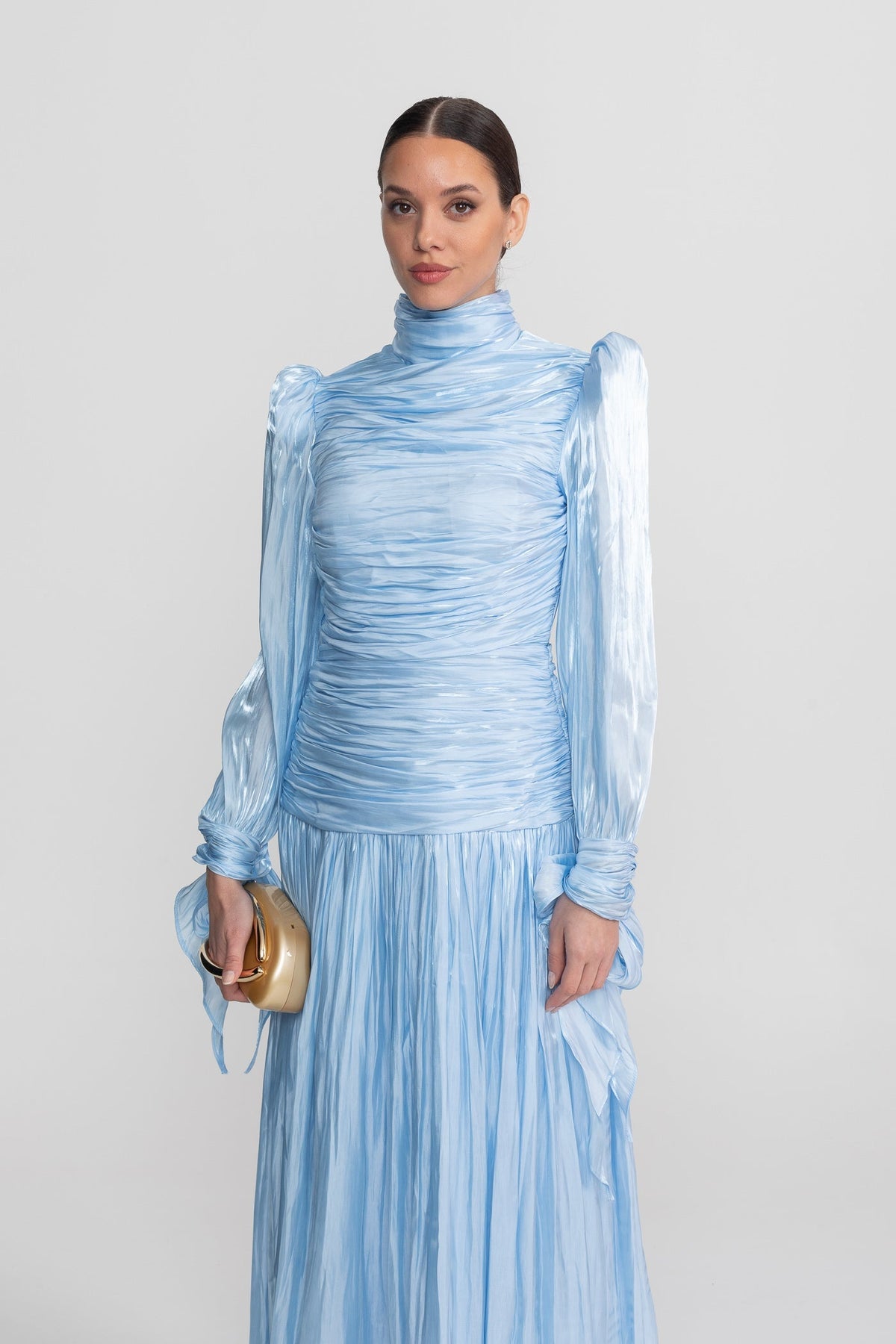 Ruched Long Sleeve Maxi Dress With Pleated Skirt - Sky Blue