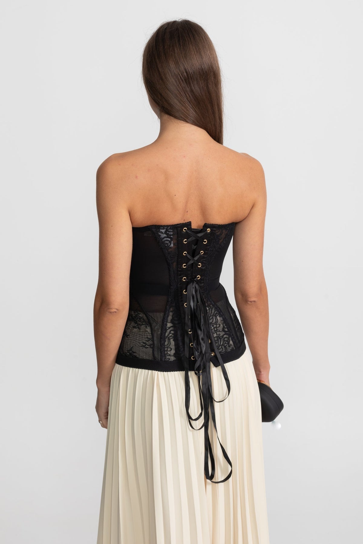 Strapless Lace Corset Top with Boning and Front Closure - Black