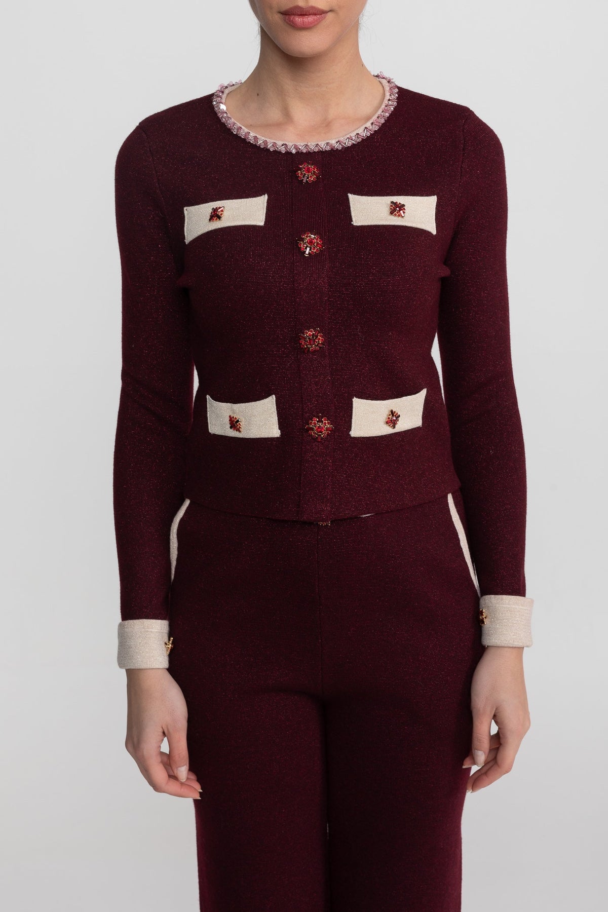 Francesca Burgundy Long Sleeve Knit Co-Ord Set With Contrast Trim And Sparkling Embellishments