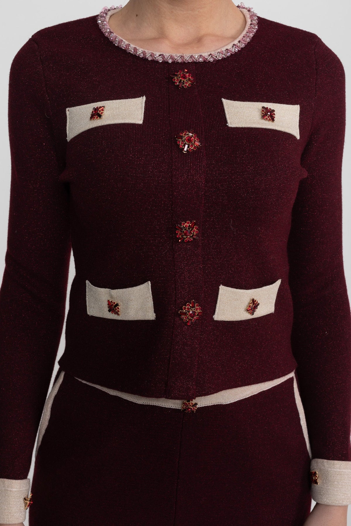 Francesca Burgundy Long Sleeve Knit Co-Ord Set With Contrast Trim And Sparkling Embellishments