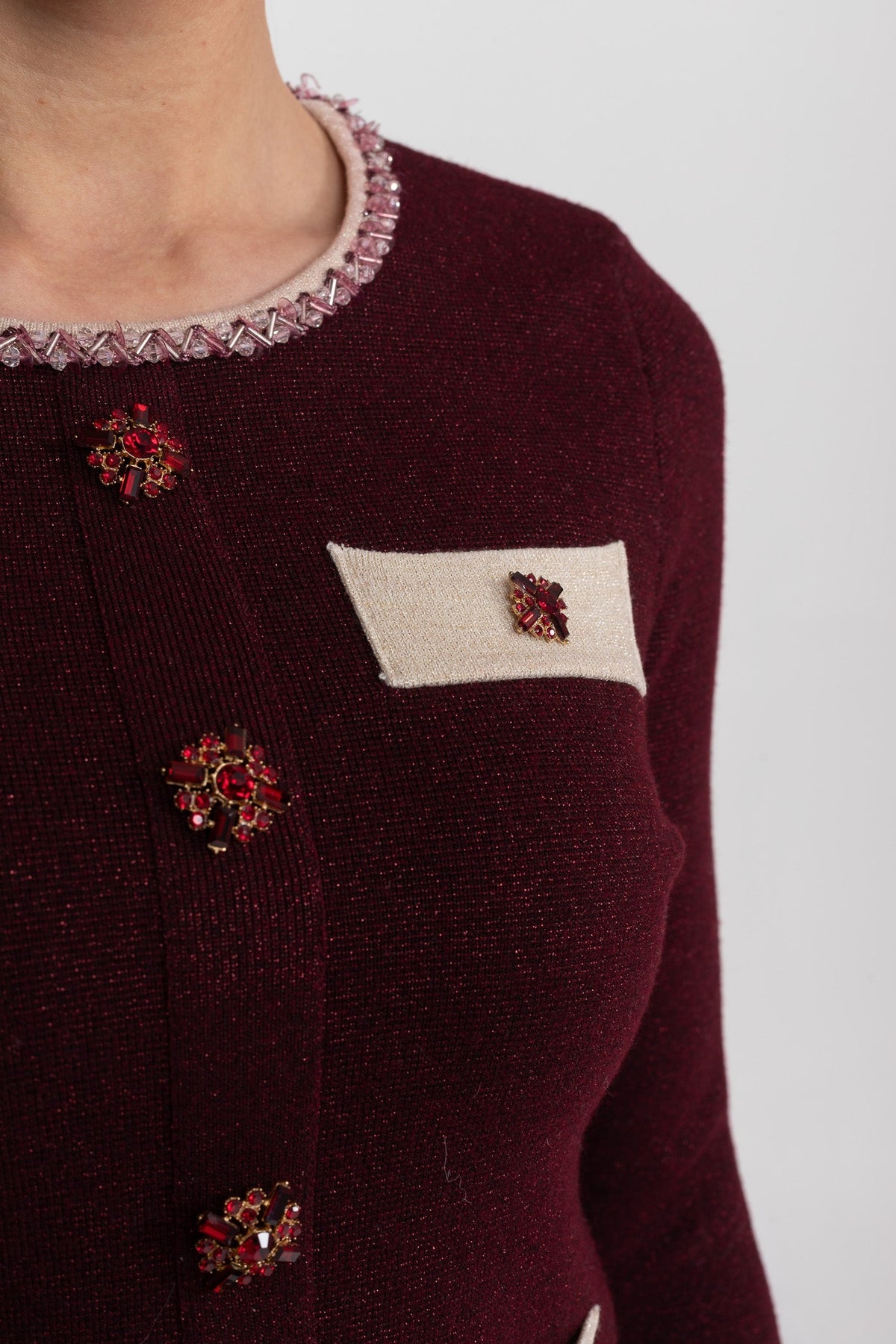 Francesca Burgundy Long Sleeve Knit Co-Ord Set With Contrast Trim And Sparkling Embellishments