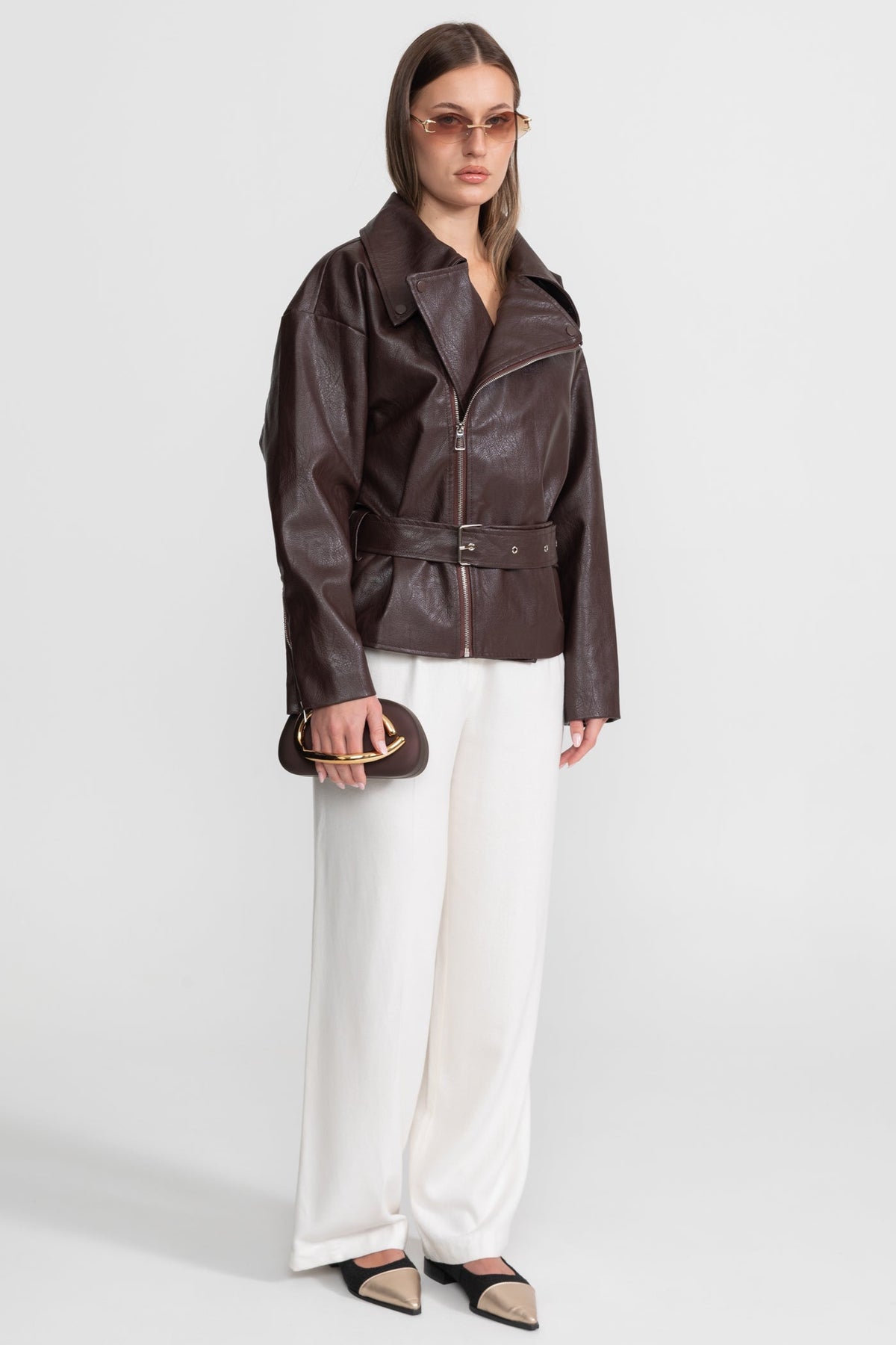 Belted Biker Jacket With Wide Lapels – Chocolate Brown
