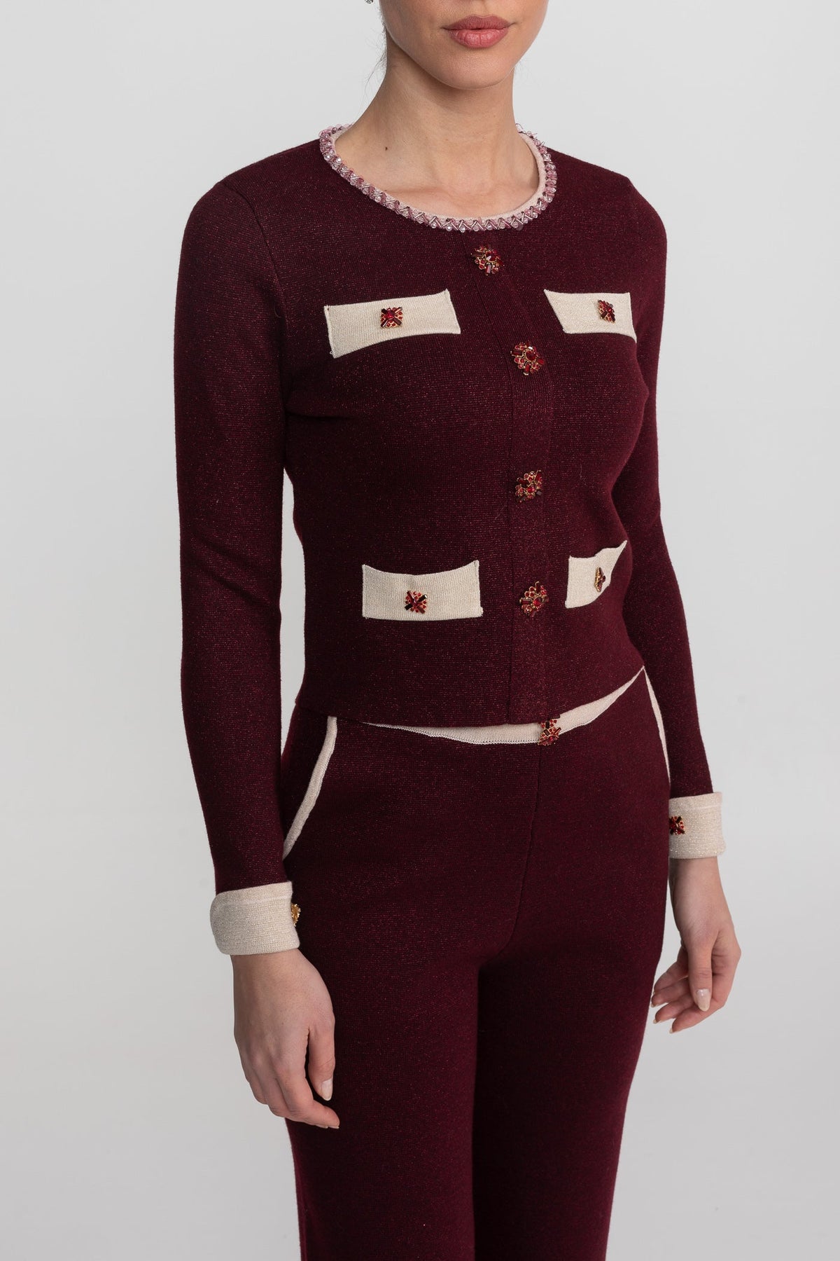 Francesca Burgundy Long Sleeve Knit Co-Ord Set With Contrast Trim And Sparkling Embellishments