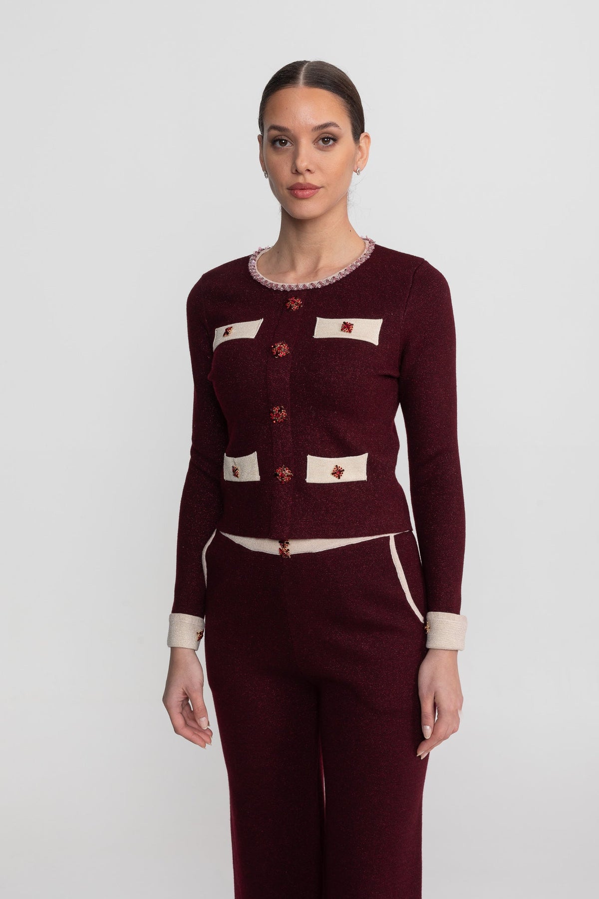 Francesca Burgundy Long Sleeve Knit Co-Ord Set With Contrast Trim And Sparkling Embellishments