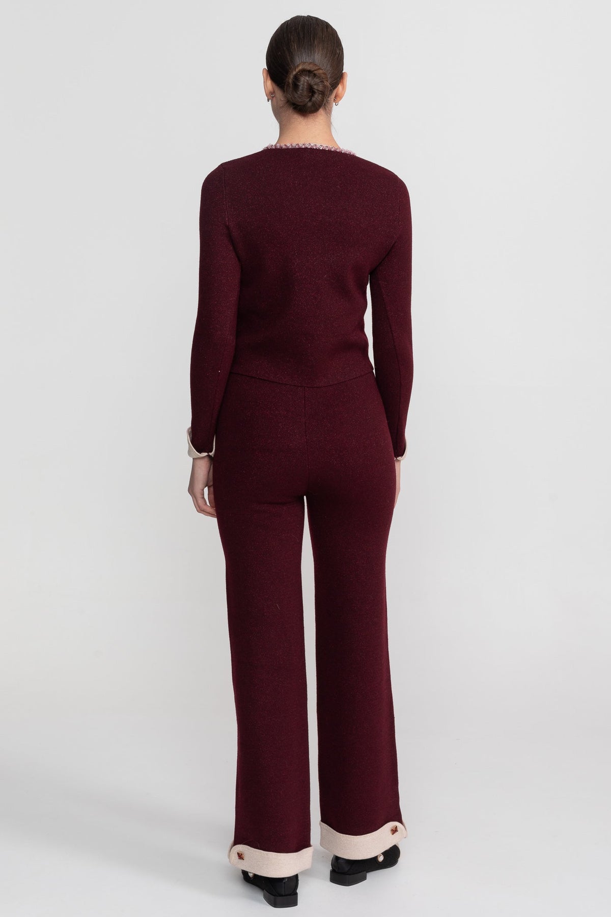 Francesca Burgundy Long Sleeve Knit Co-Ord Set With Contrast Trim And Sparkling Embellishments
