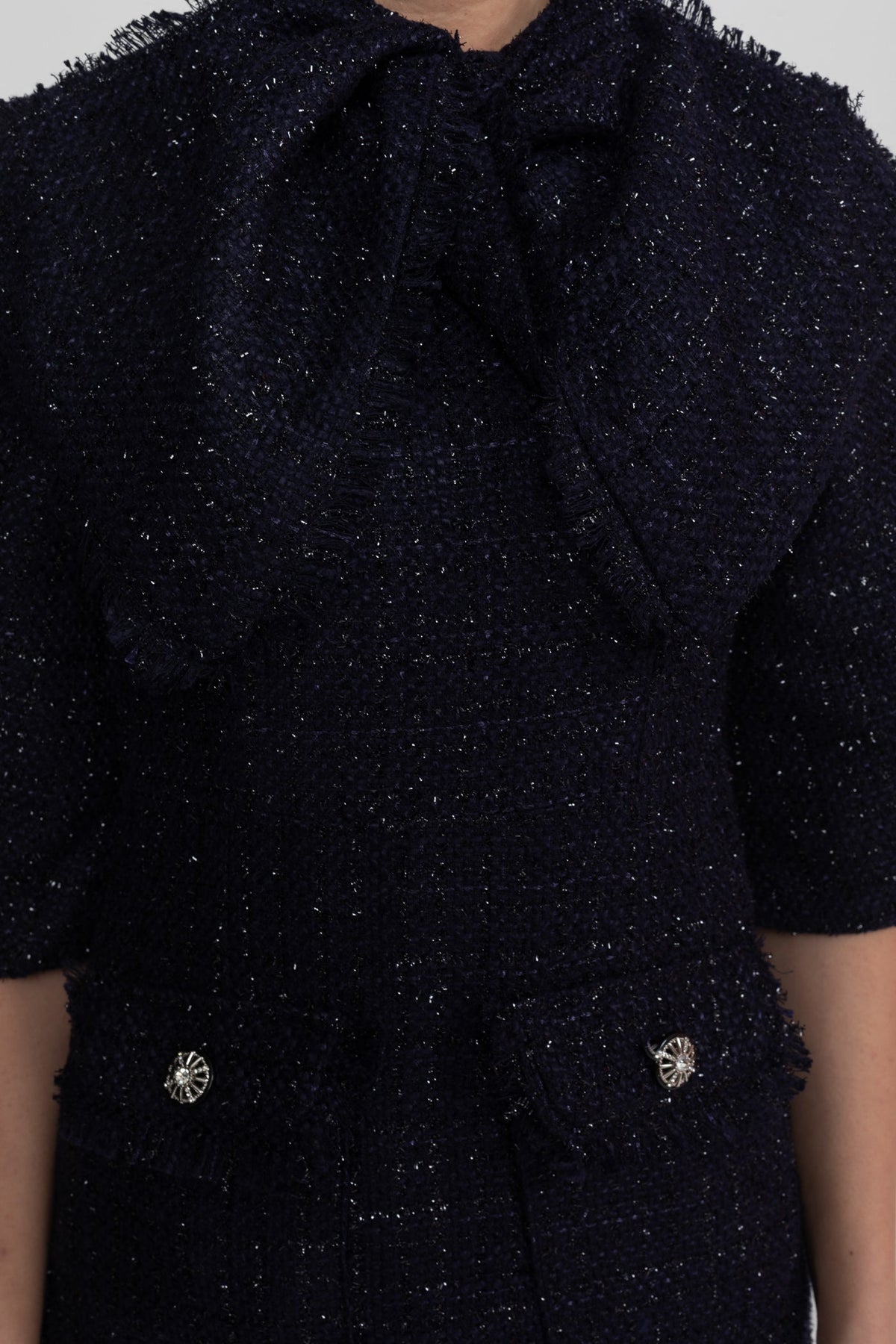 Emilienne Navy Tweed Midi Dress With Oversized Bow Neck Detail