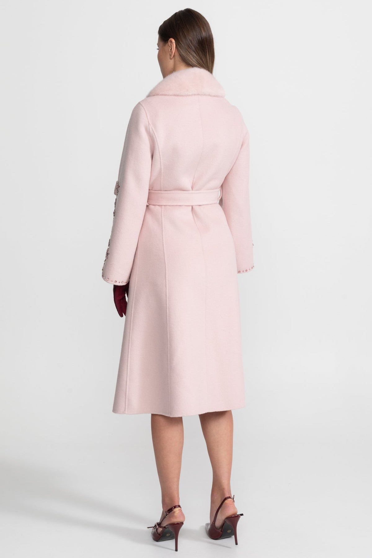 Embellished Wool Overcoat With Fox Fur Collar – Pink