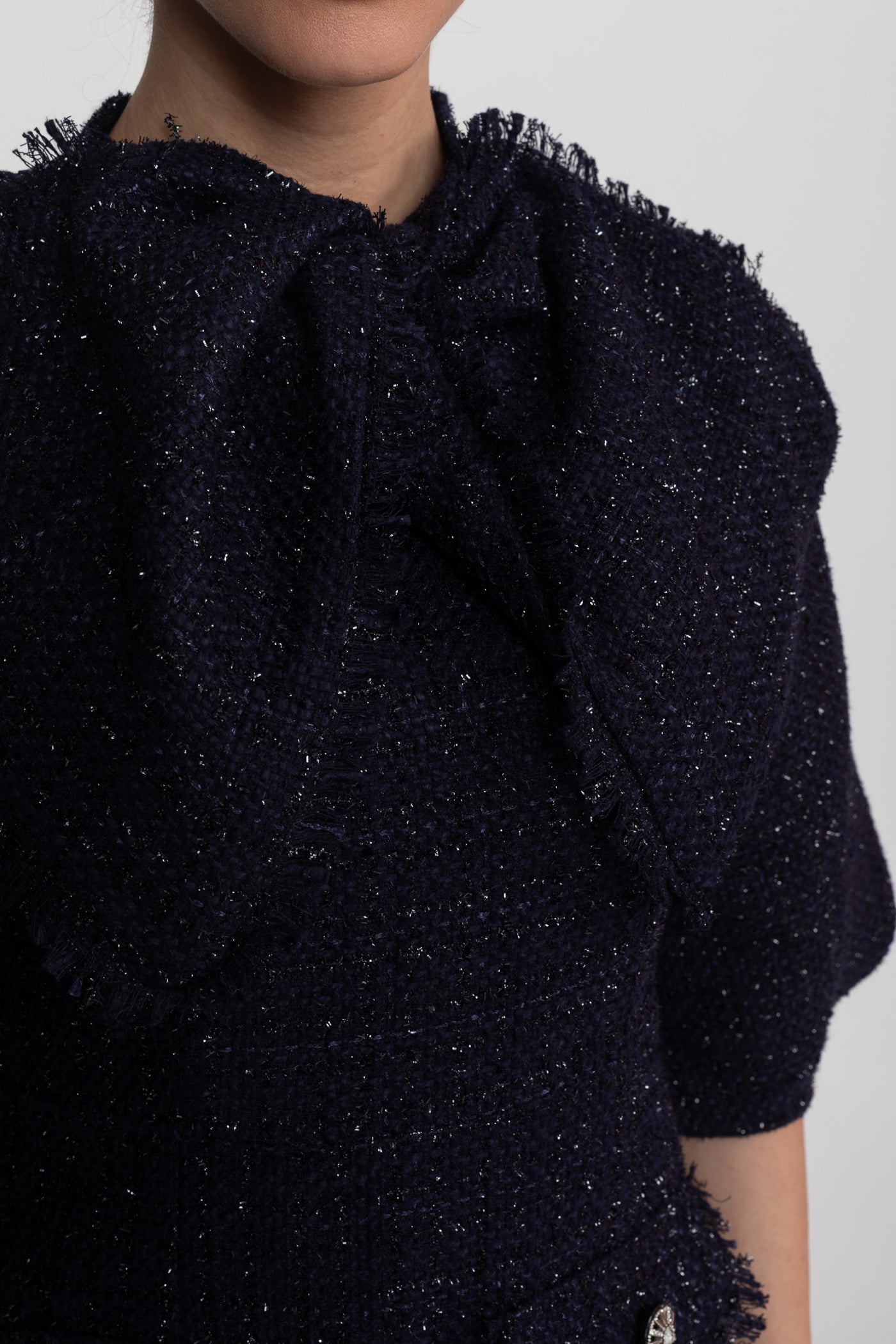 Emilienne Navy Tweed Midi Dress With Oversized Bow Neck Detail