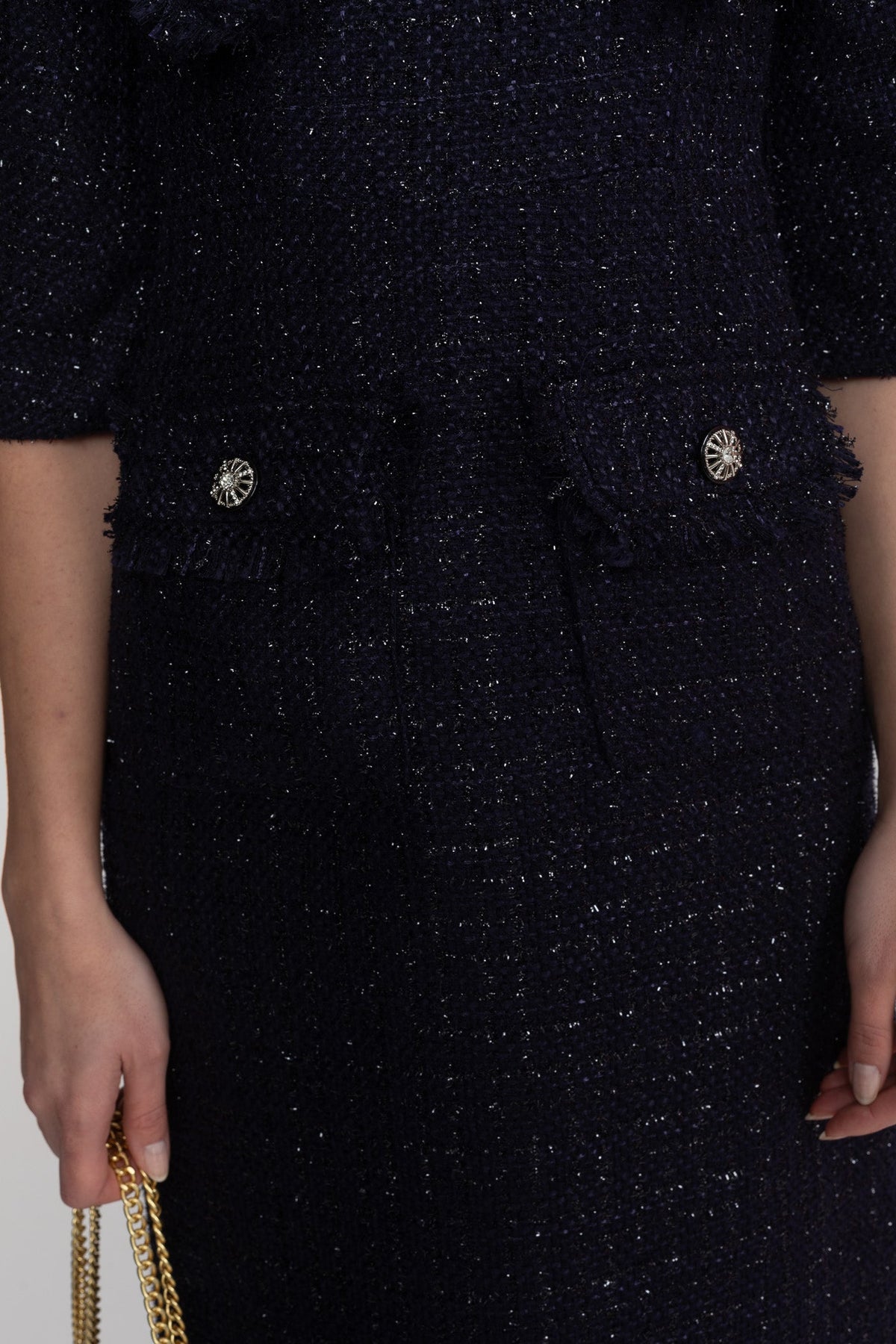 Emilienne Navy Tweed Midi Dress With Oversized Bow Neck Detail
