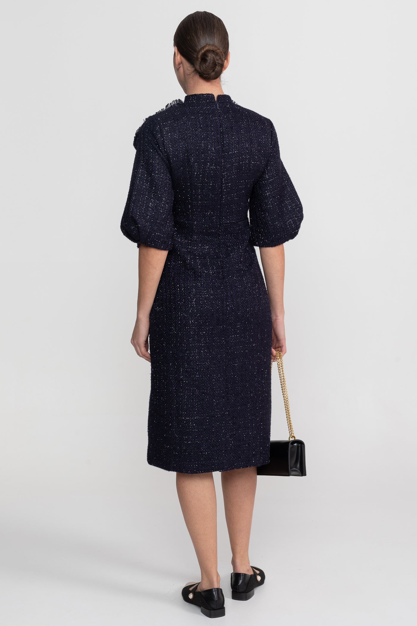 Emilienne Navy Tweed Midi Dress With Oversized Bow Neck Detail