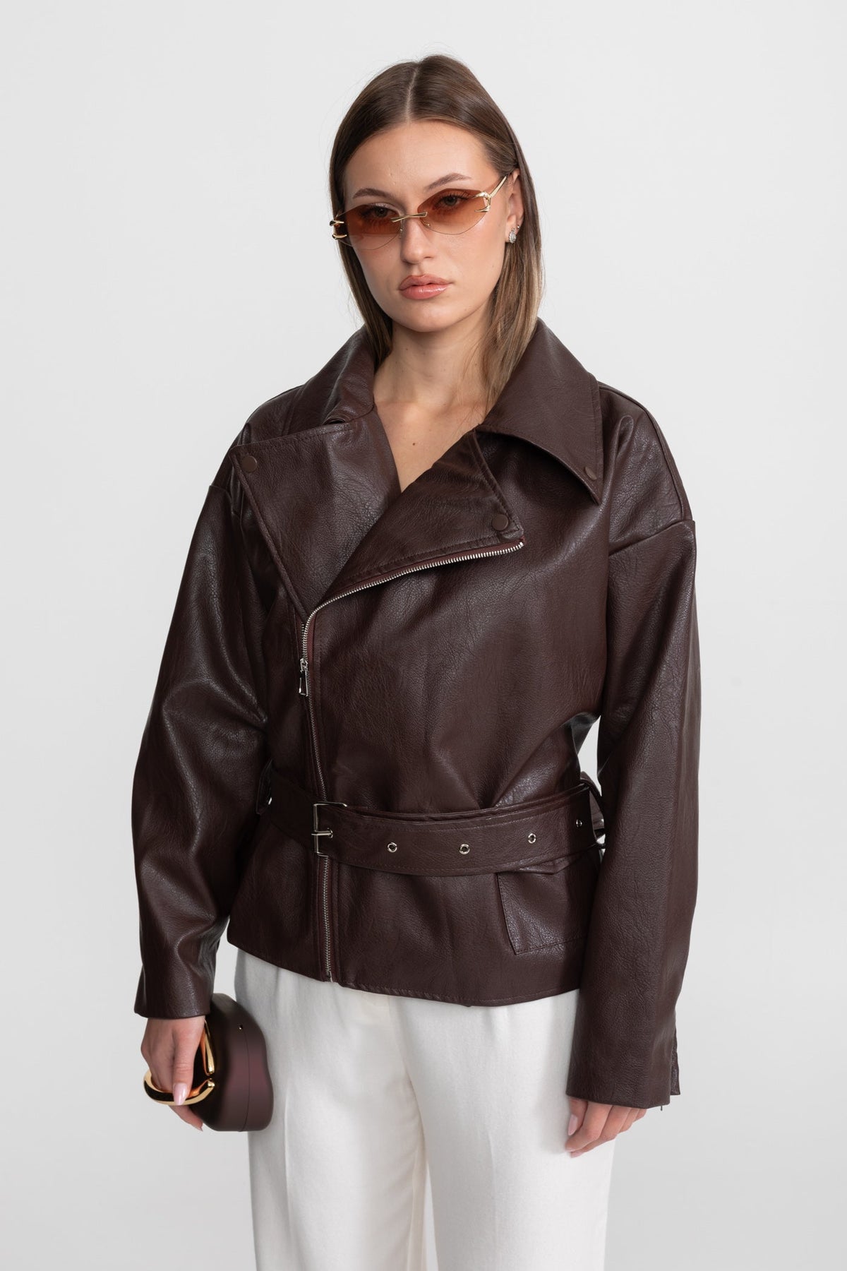 Belted Biker Jacket With Wide Lapels – Chocolate Brown