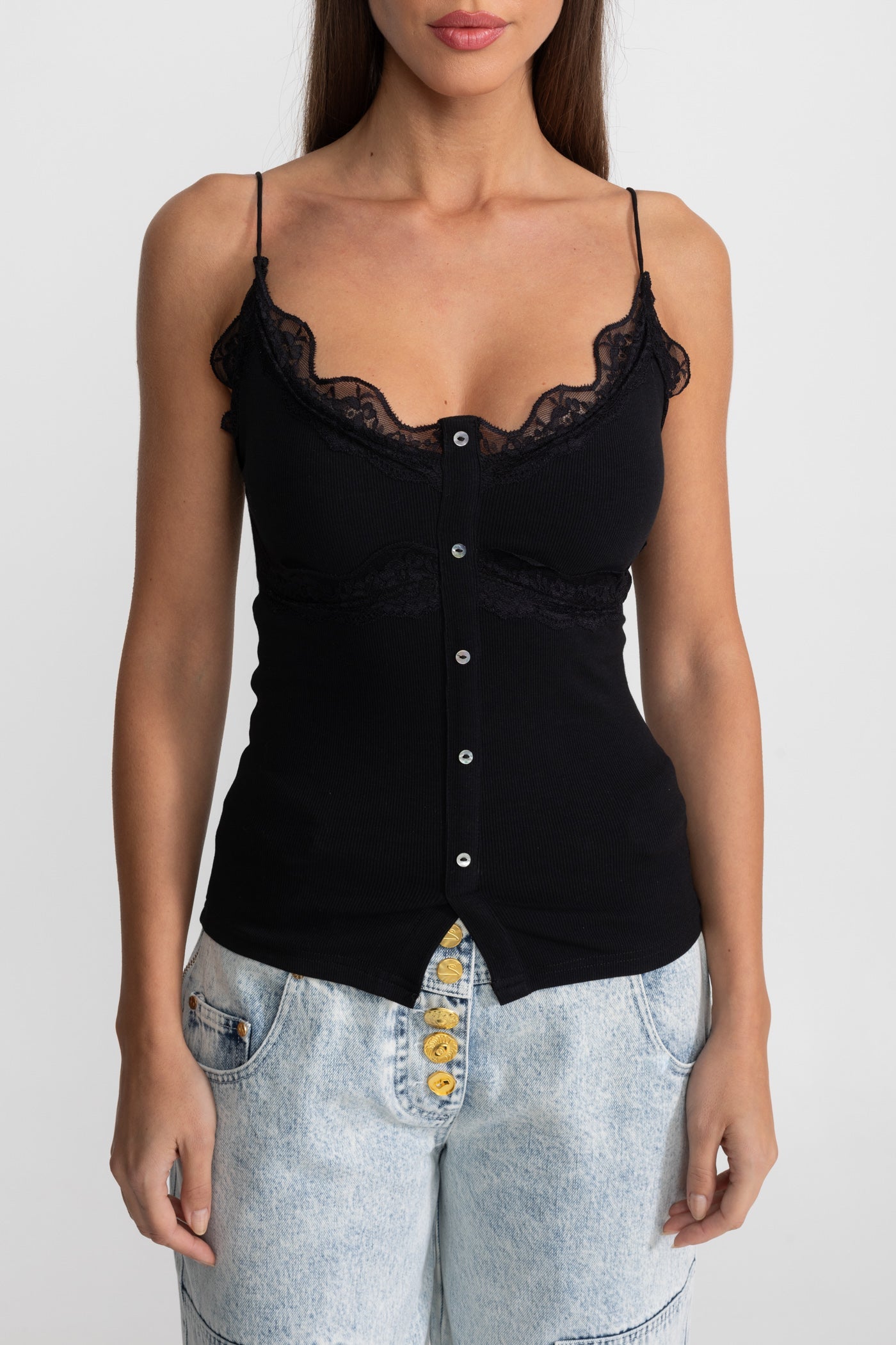 Lace-Trimmed Ribbed Camisole with Buttoned Front - Black