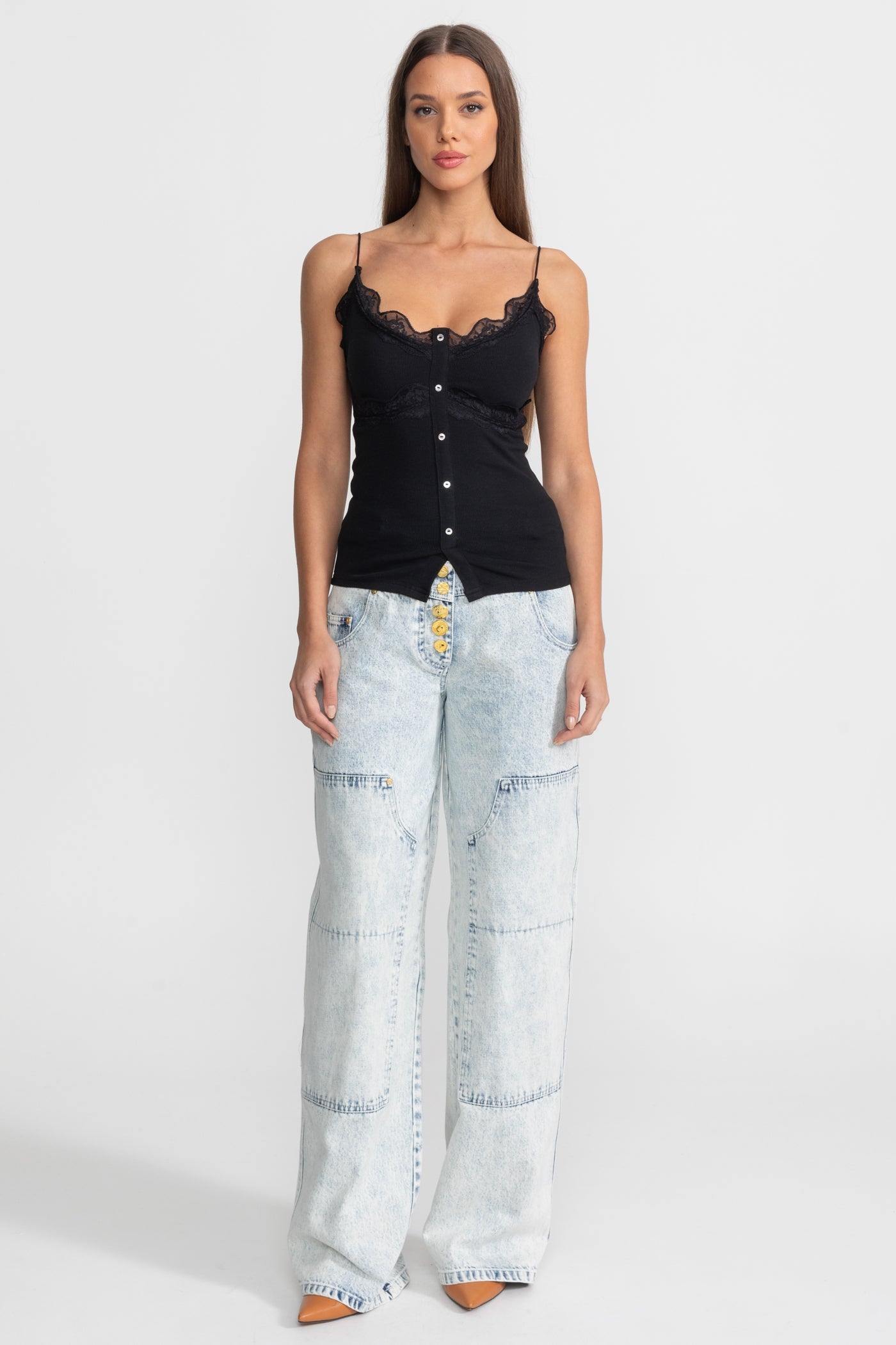 Lace-Trimmed Ribbed Camisole with Buttoned Front - Black