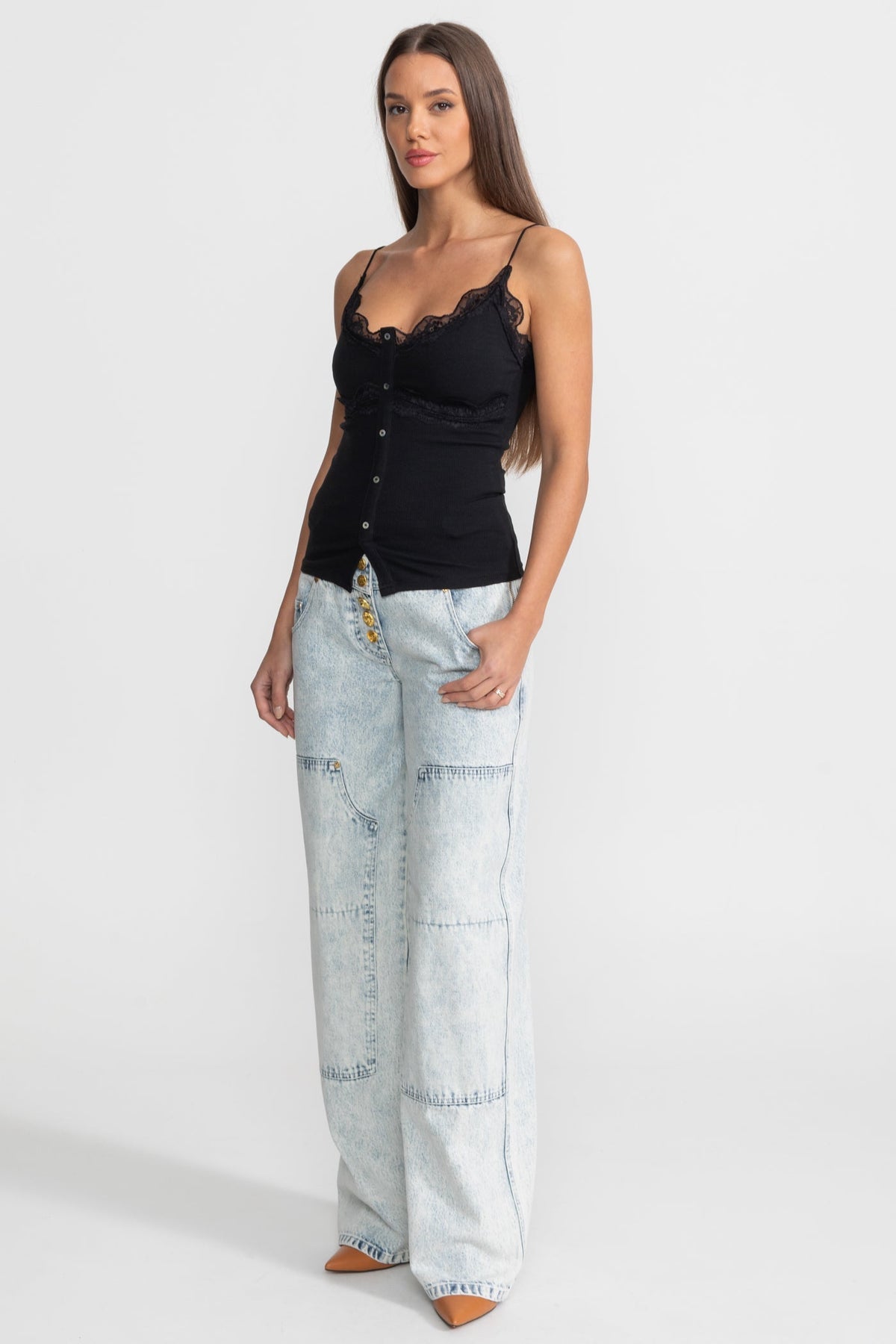 Lace-Trimmed Ribbed Camisole with Buttoned Front - Black