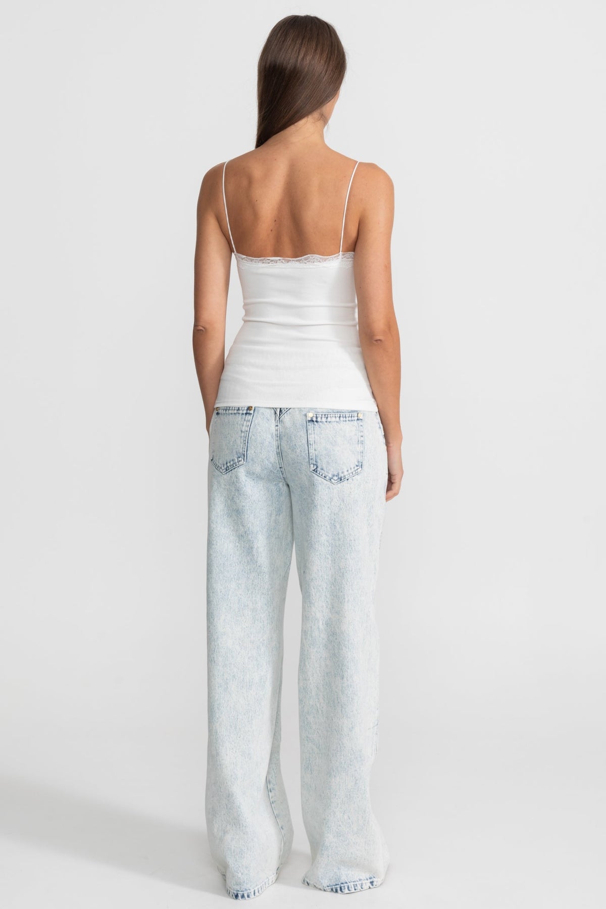 Lace-Trimmed Ribbed Camisole with Buttoned Front - White