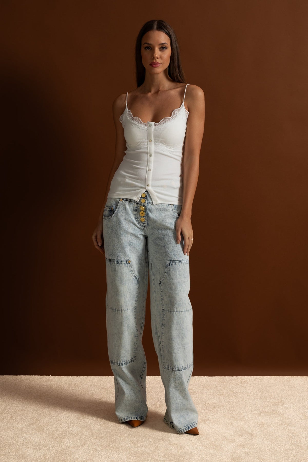 Lace-Trimmed Ribbed Camisole with Buttoned Front - White