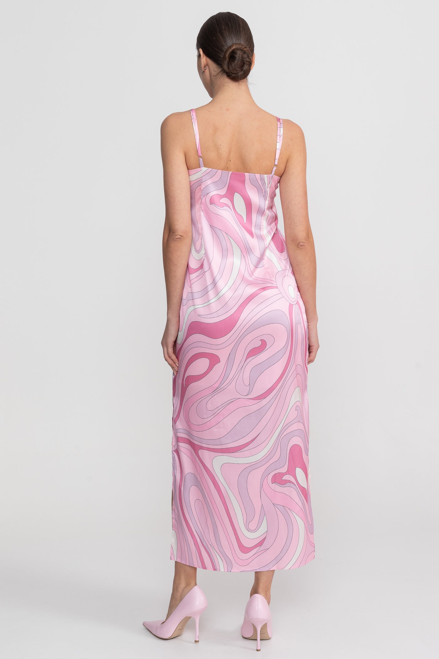 Printed Strappy Midi Dress With Abstract Swirl Pattern - Pink