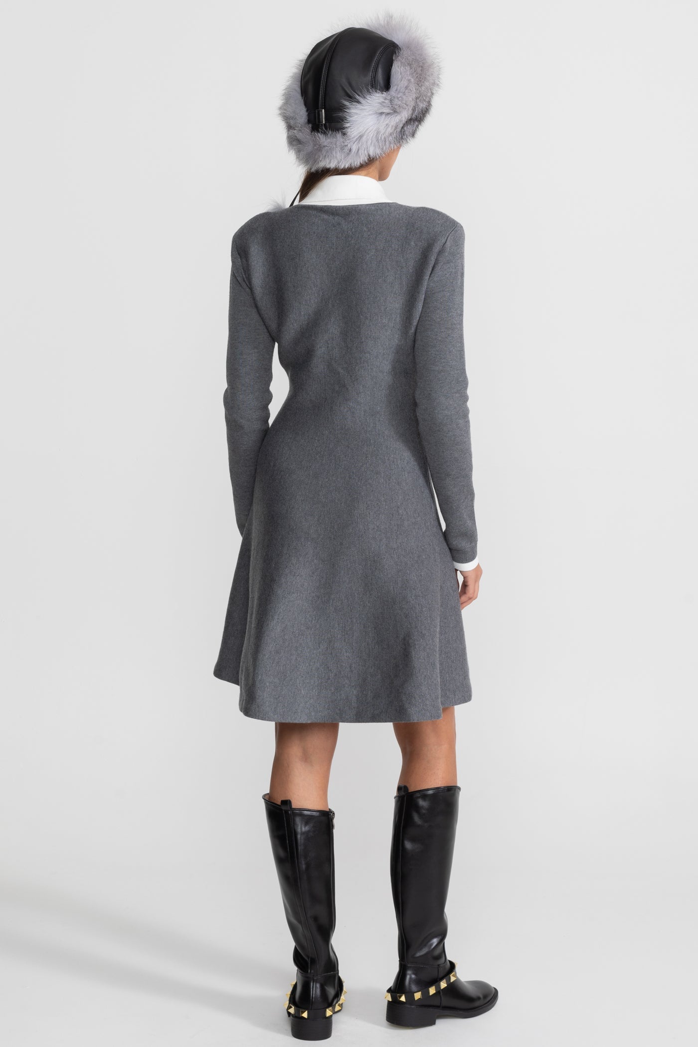 Mini Dress with Contrast Collar and Floral Brooch - Gray