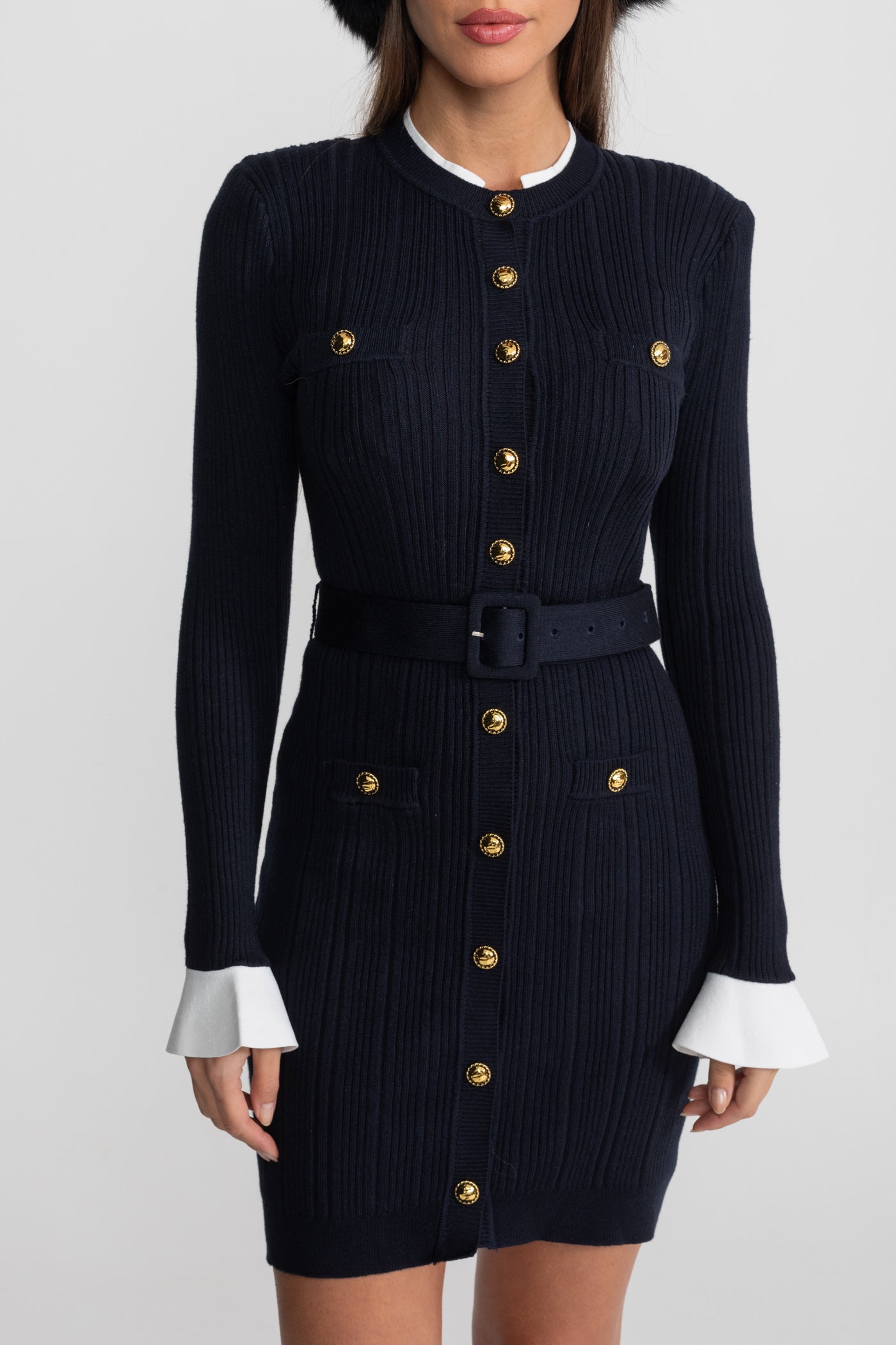 Philippine Dark Blue Ribbed Knit Mini Dress with Gold Button Fastening