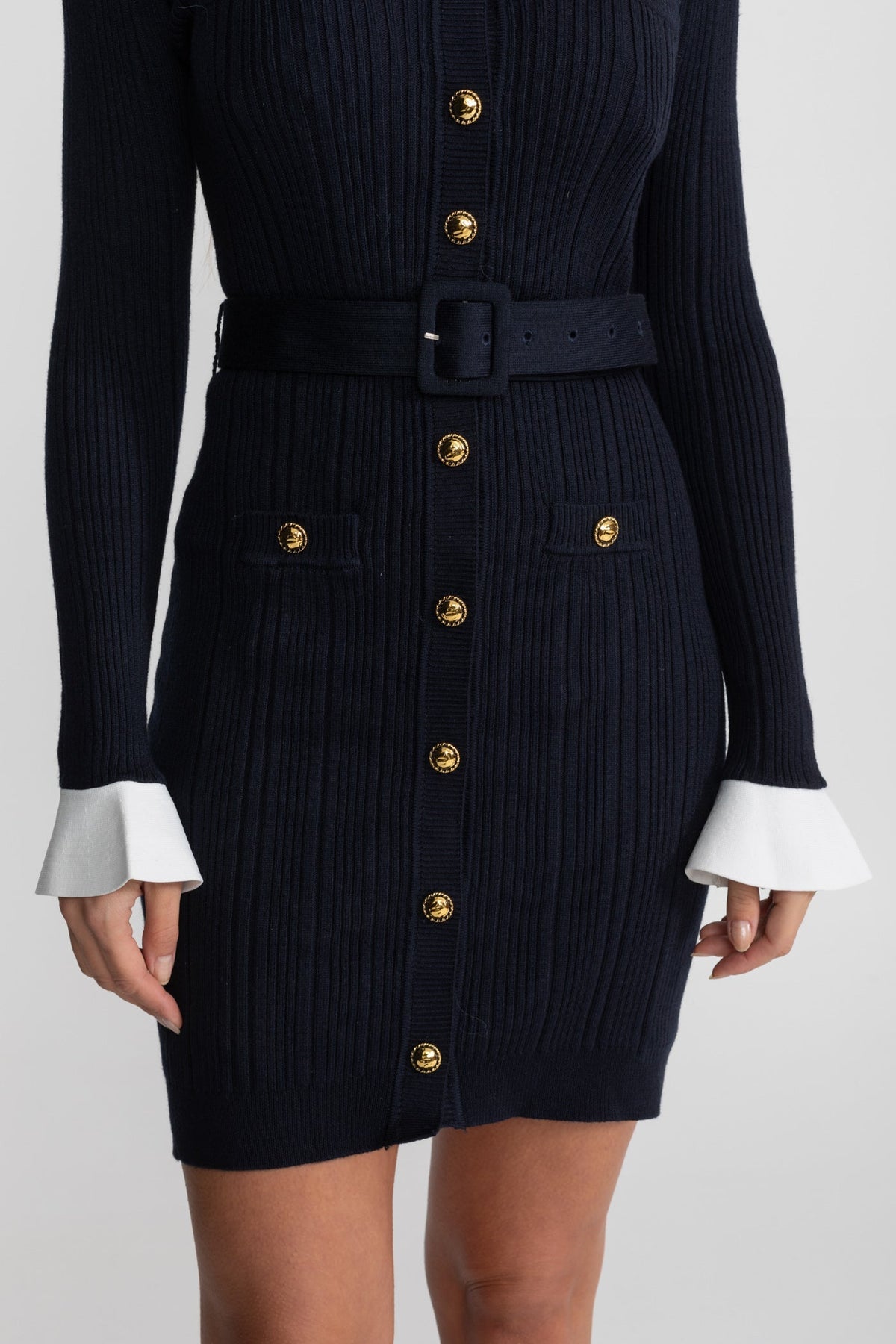 Philippine Dark Blue Ribbed Knit Mini Dress with Gold Button Fastening