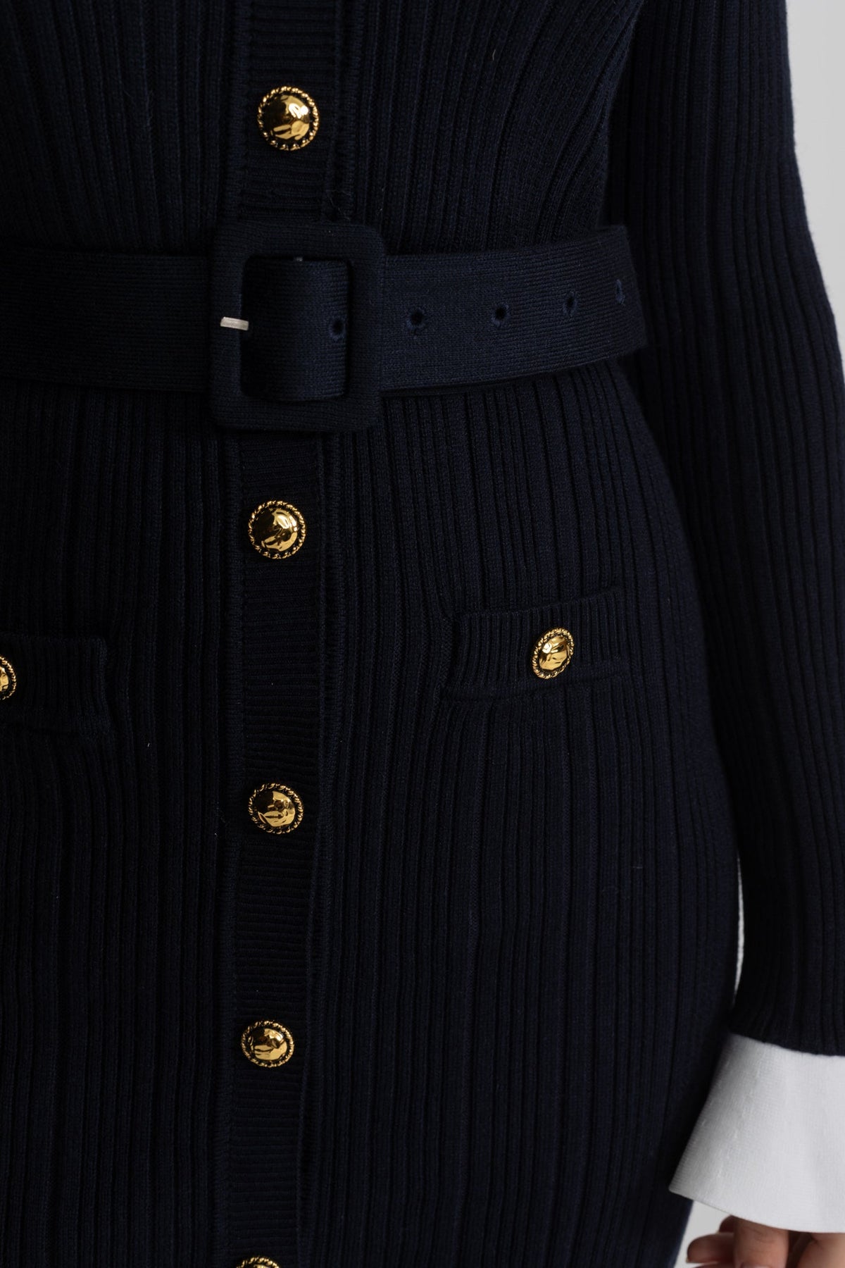 Philippine Dark Blue Ribbed Knit Mini Dress with Gold Button Fastening