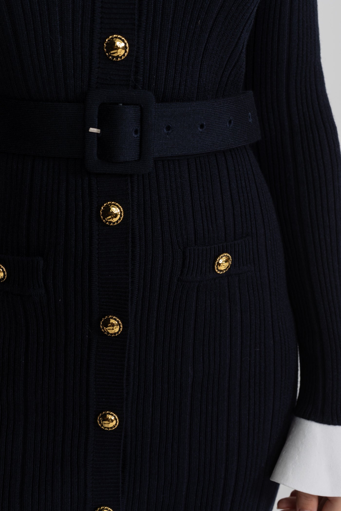 Octavia Dark Blue Ribbed Knit Midi Dress with Gold Button Fastening