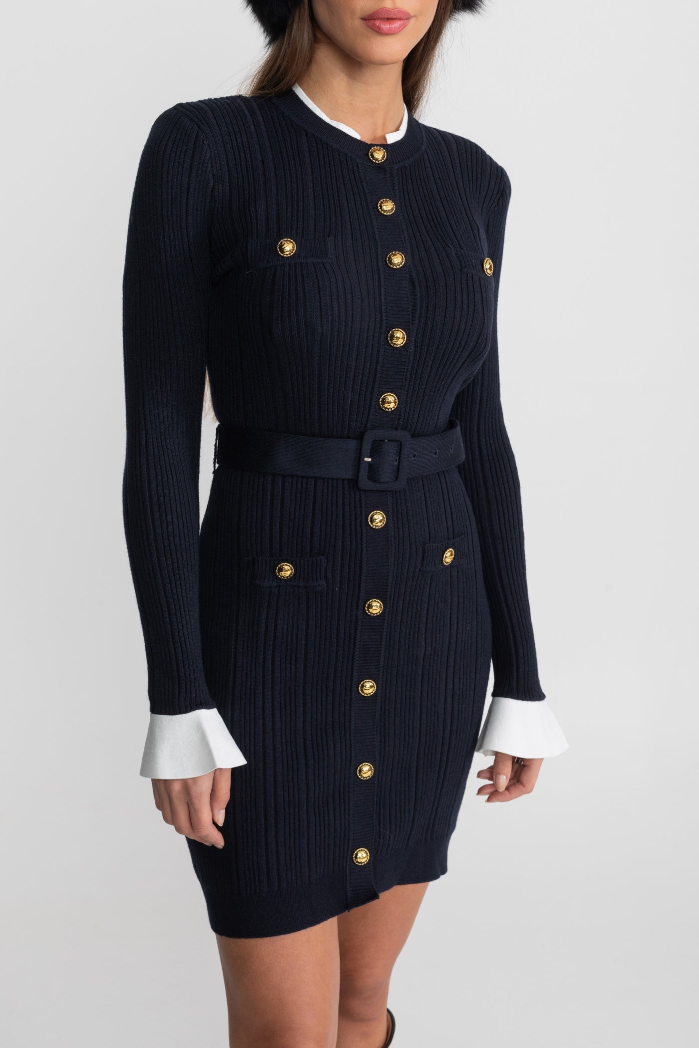 Philippine Dark Blue Ribbed Knit Mini Dress with Gold Button Fastening