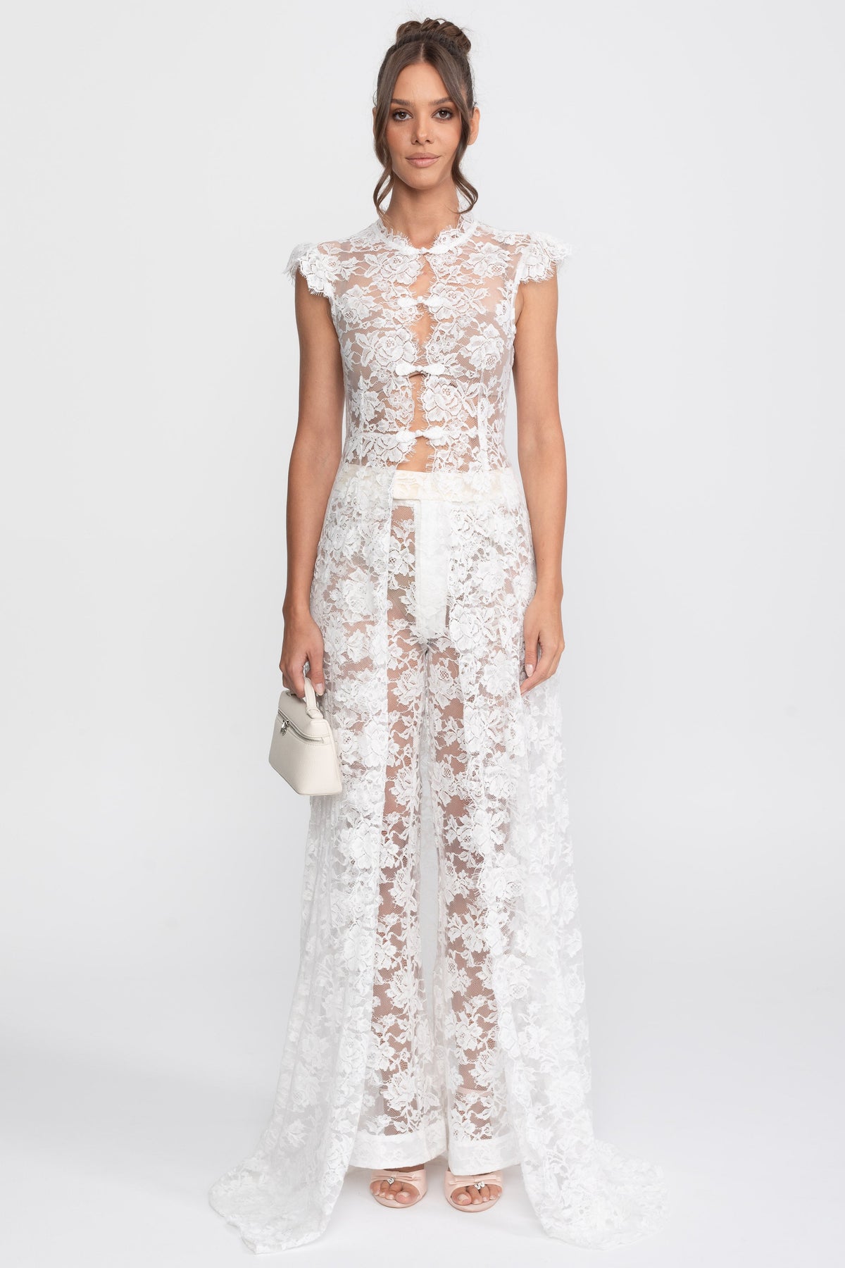 Sheer Lace Top And Palazzo Pants Set With Trailing Panel - White
