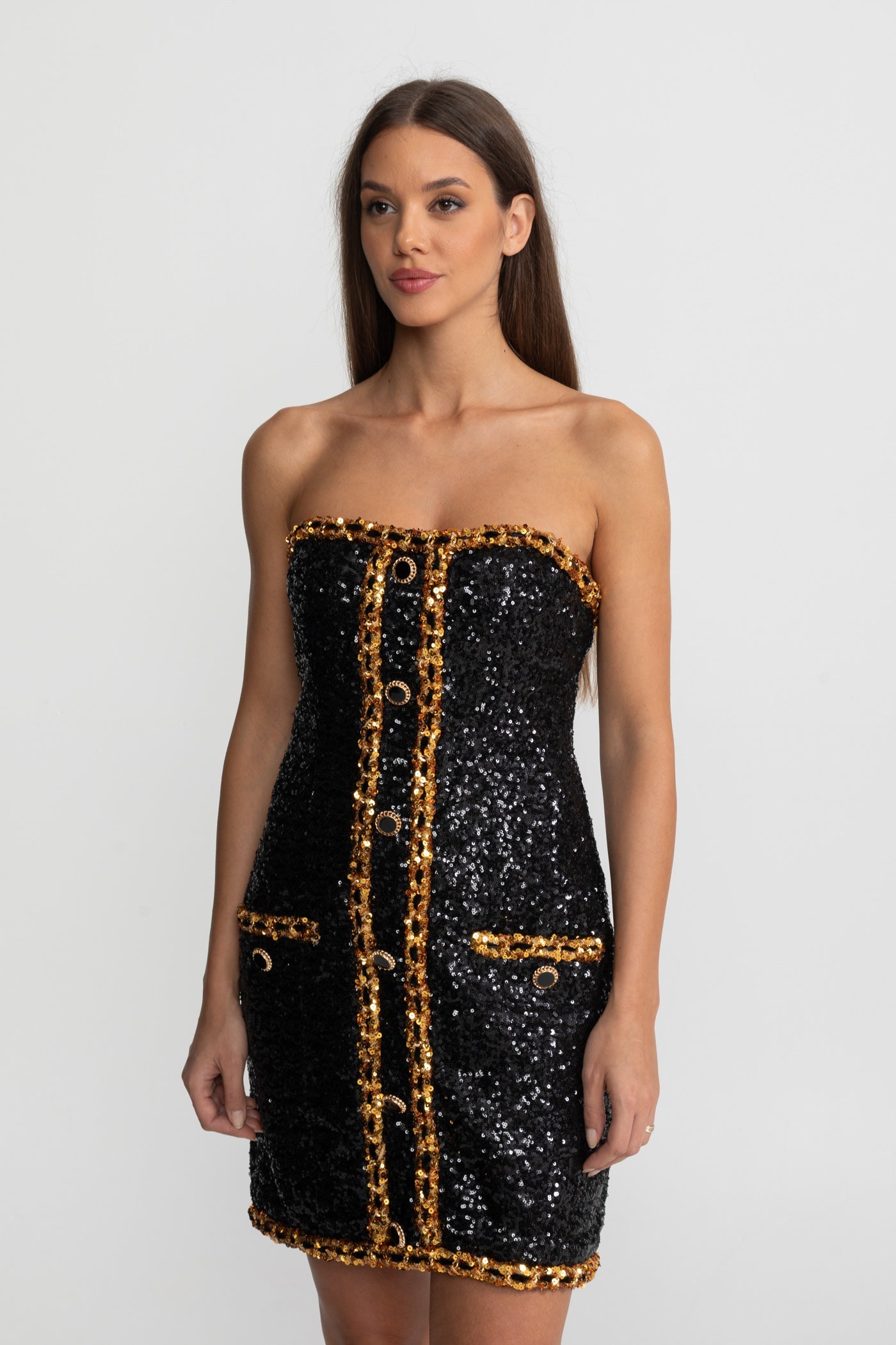 Strapless Sequin Mini Dress With Chain Trim Detailing – Black
