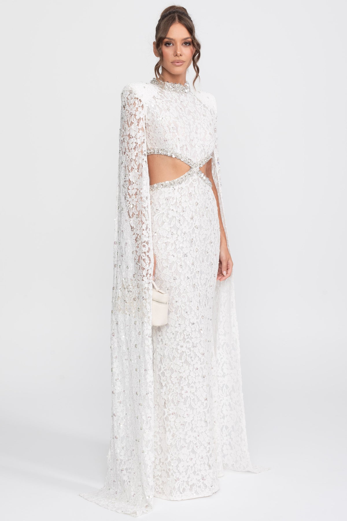Crystal Cutout Lace Gown With Sequin Embellishments - White
