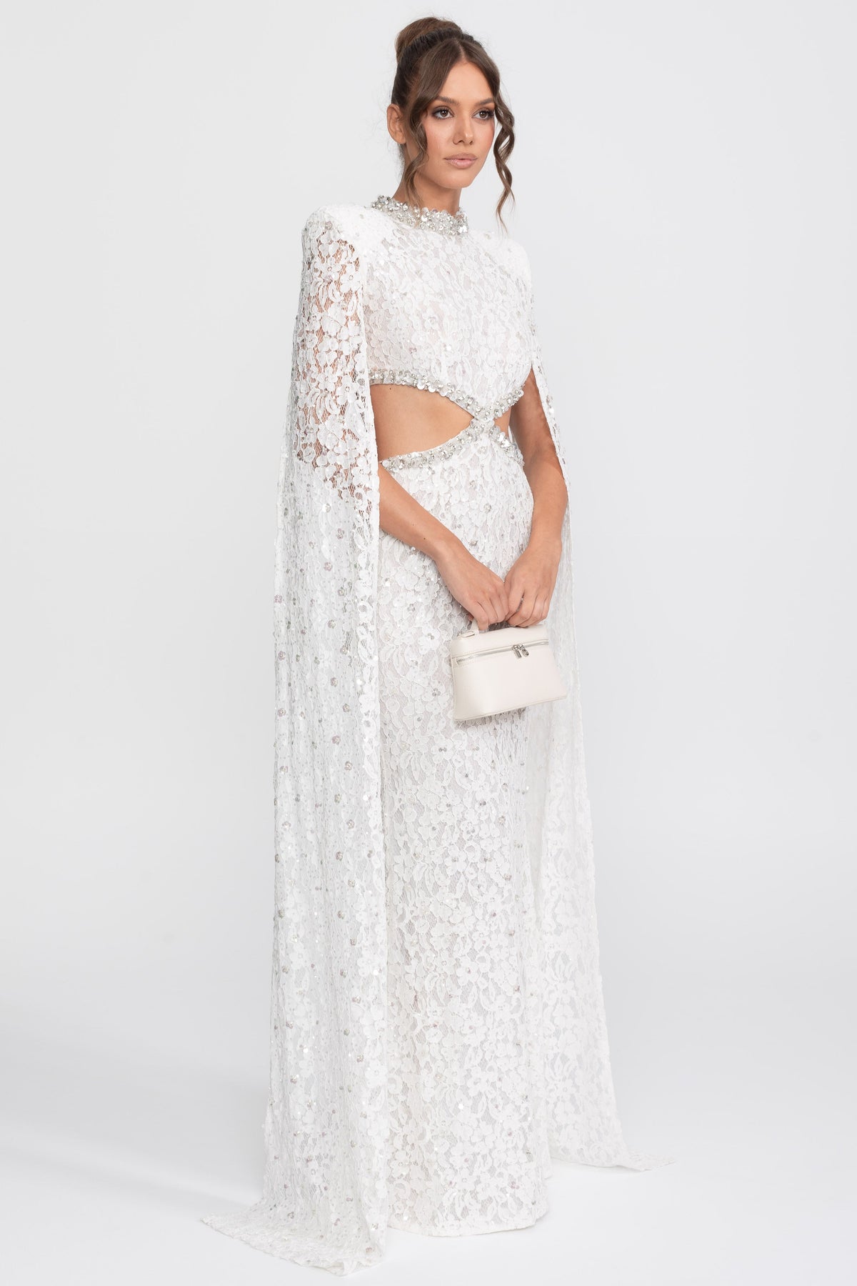 Crystal Cutout Lace Gown With Sequin Embellishments - White