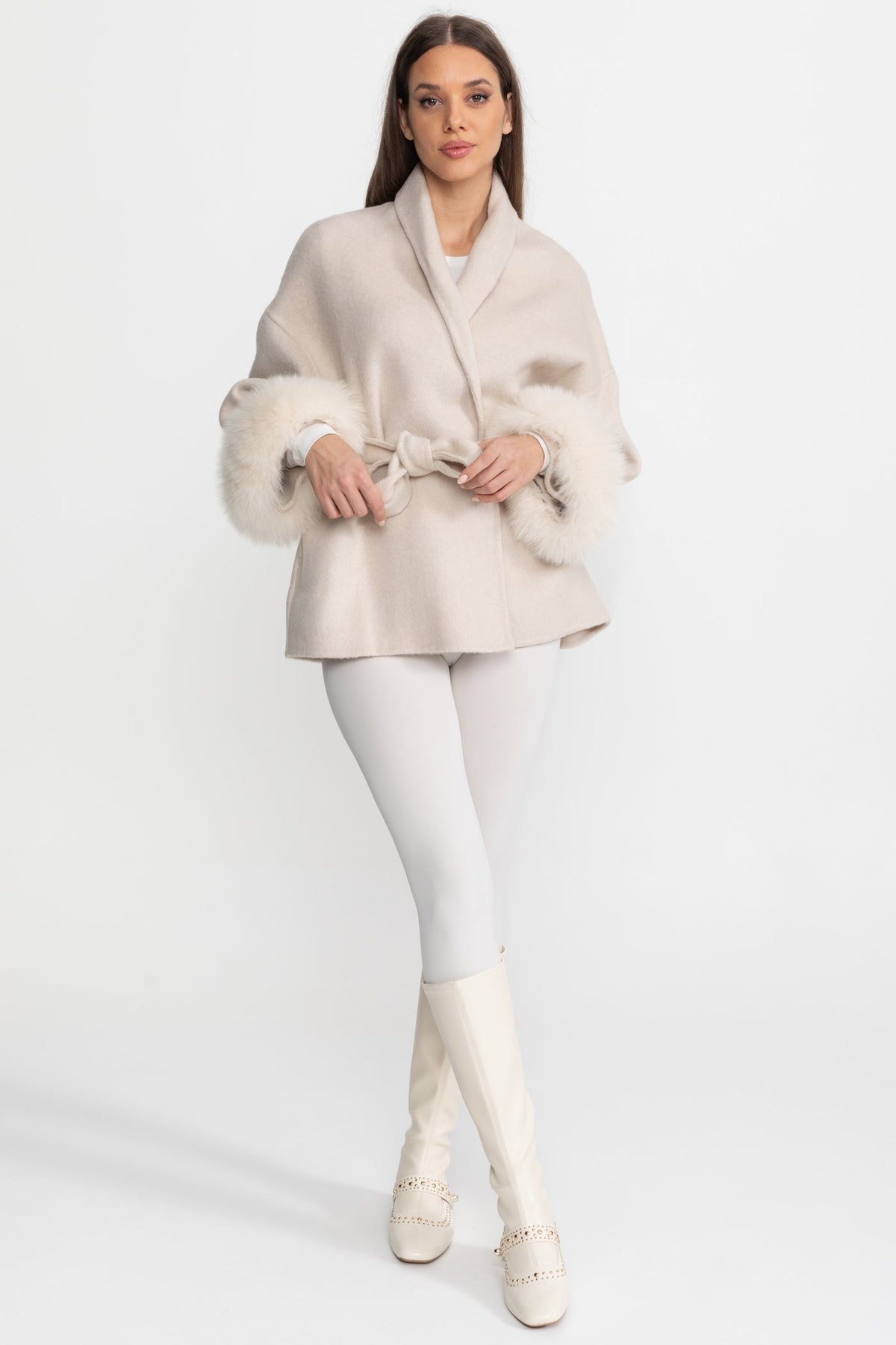 Wool Blend Wrap Jacket with Fox Fur Cuffs – Cream