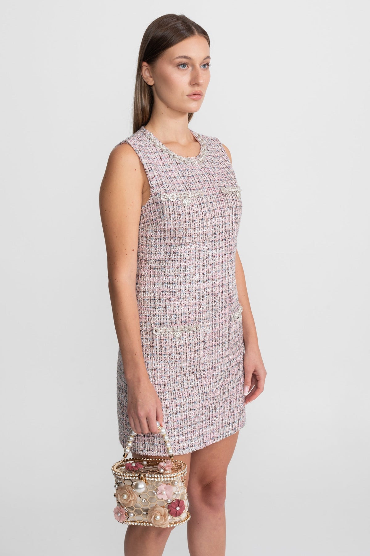 Arianna Pink Sleeveless Tweed Mini Dress