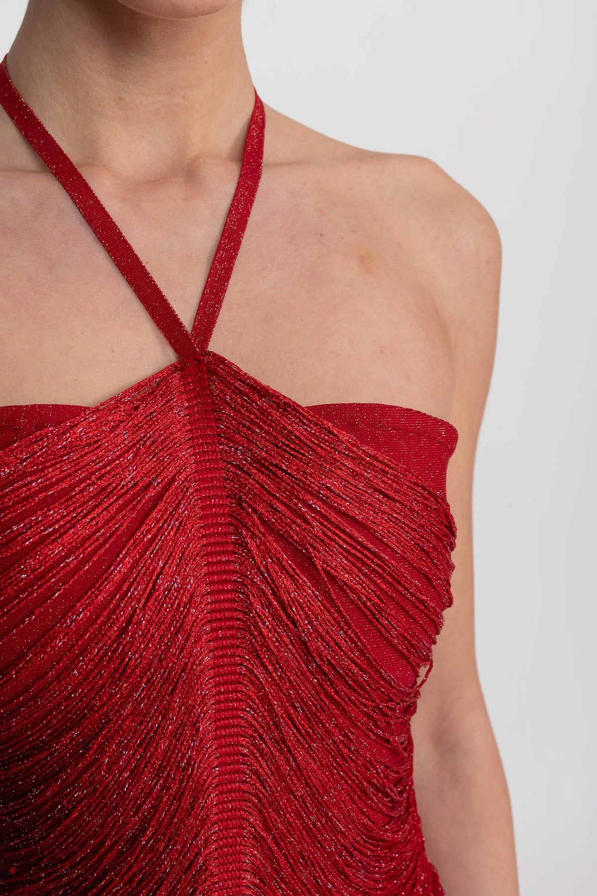 Halter Neck Midi Dress With All-Over Pleated Texture - Red